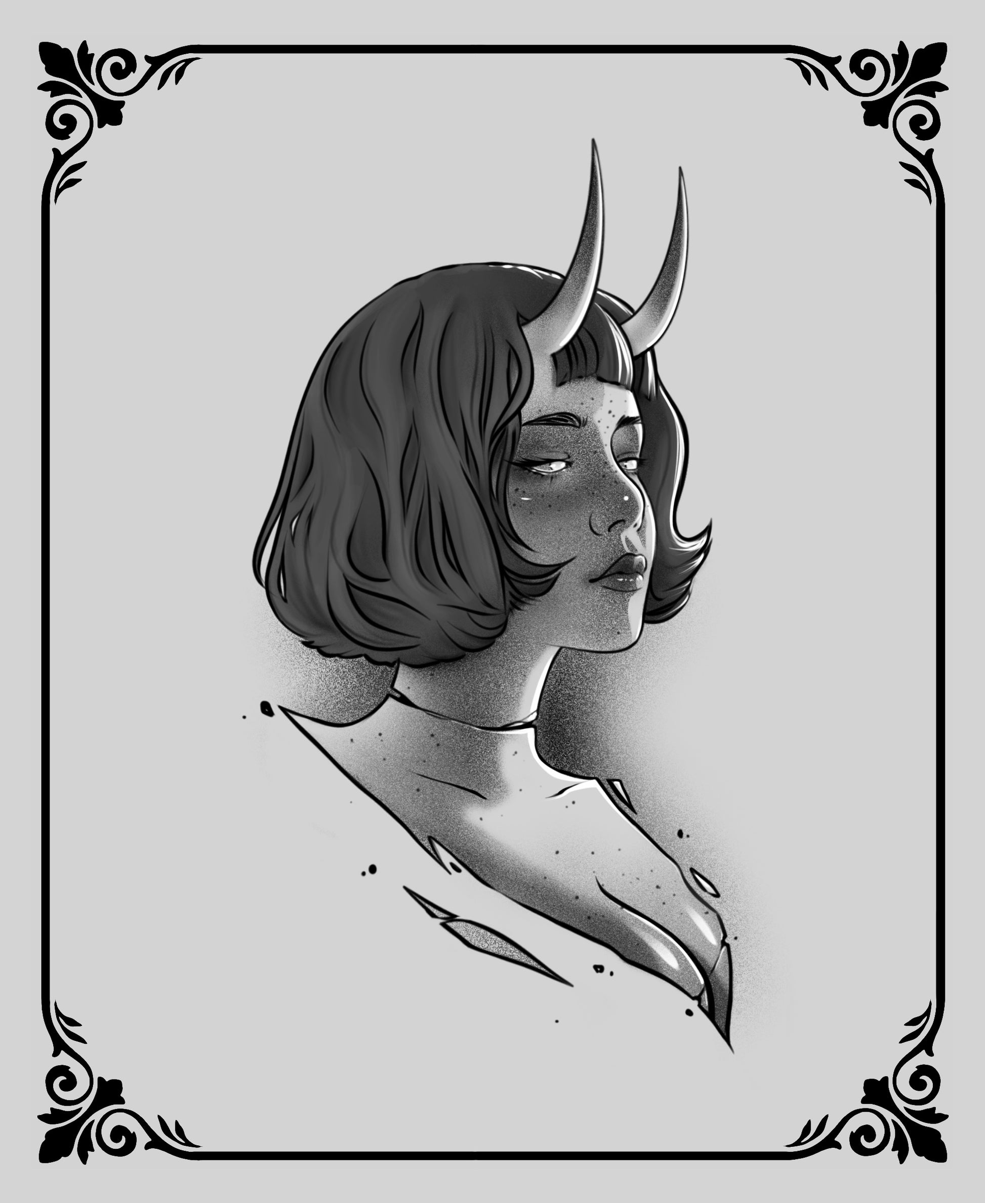 Demon Girl tattoo flash by JPD with seductive horns and bold styling