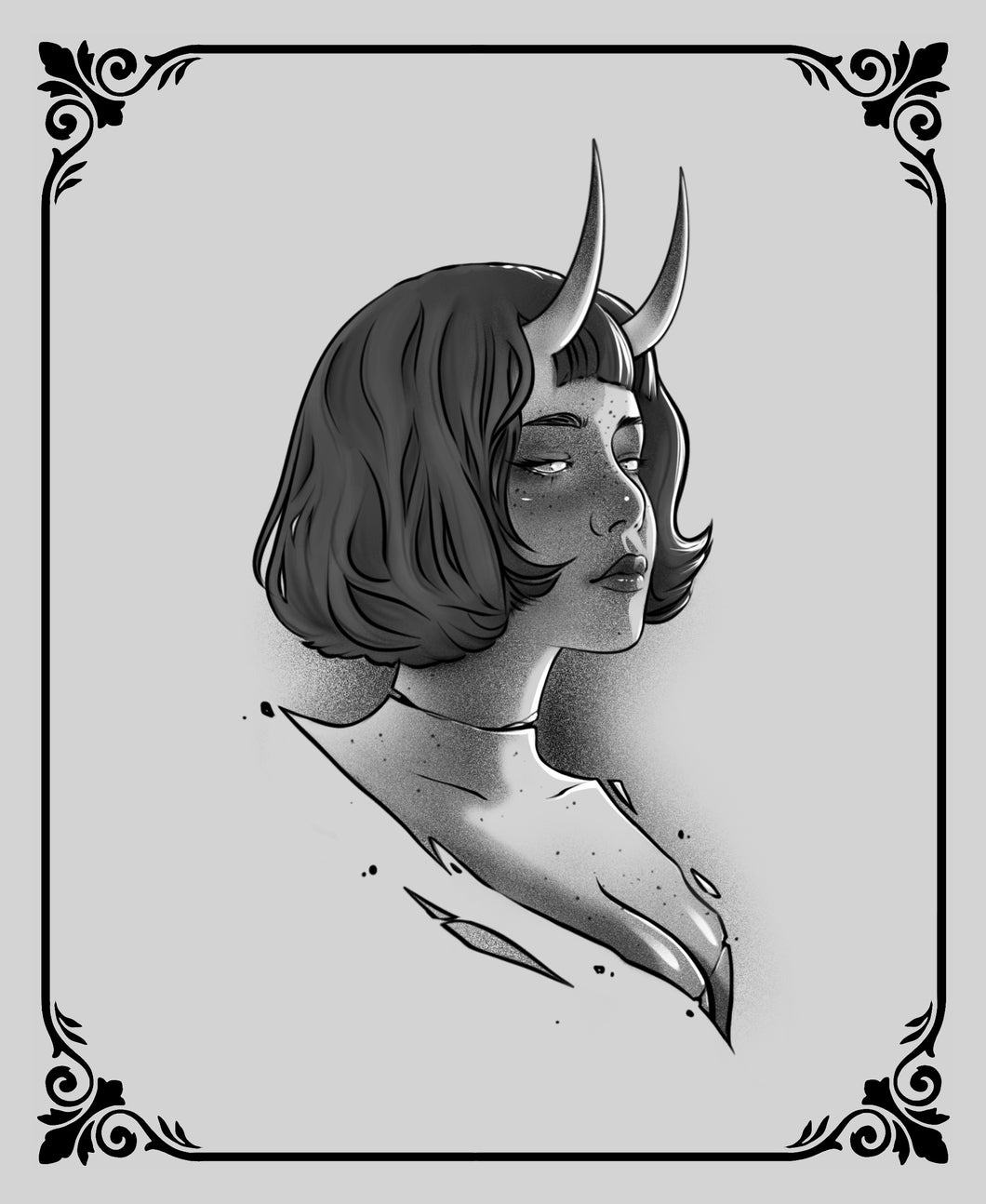 Demon Girl tattoo flash by JPD with seductive horns and bold styling