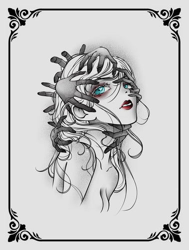 Tattoo design by JPD of a woman surrounded by mystical hands