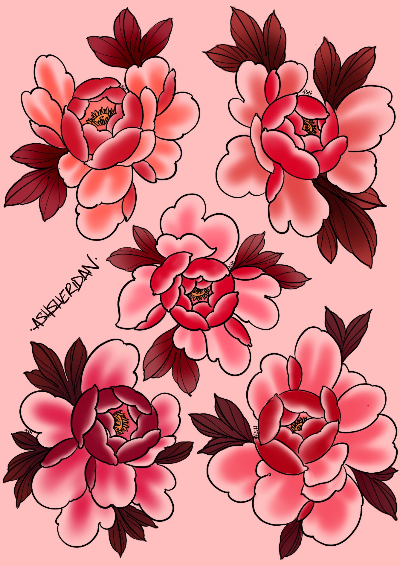 Red Peonies Tattoo Design | Classic Floral Flash by Ash Sheridan — The Ink Factory Dublin