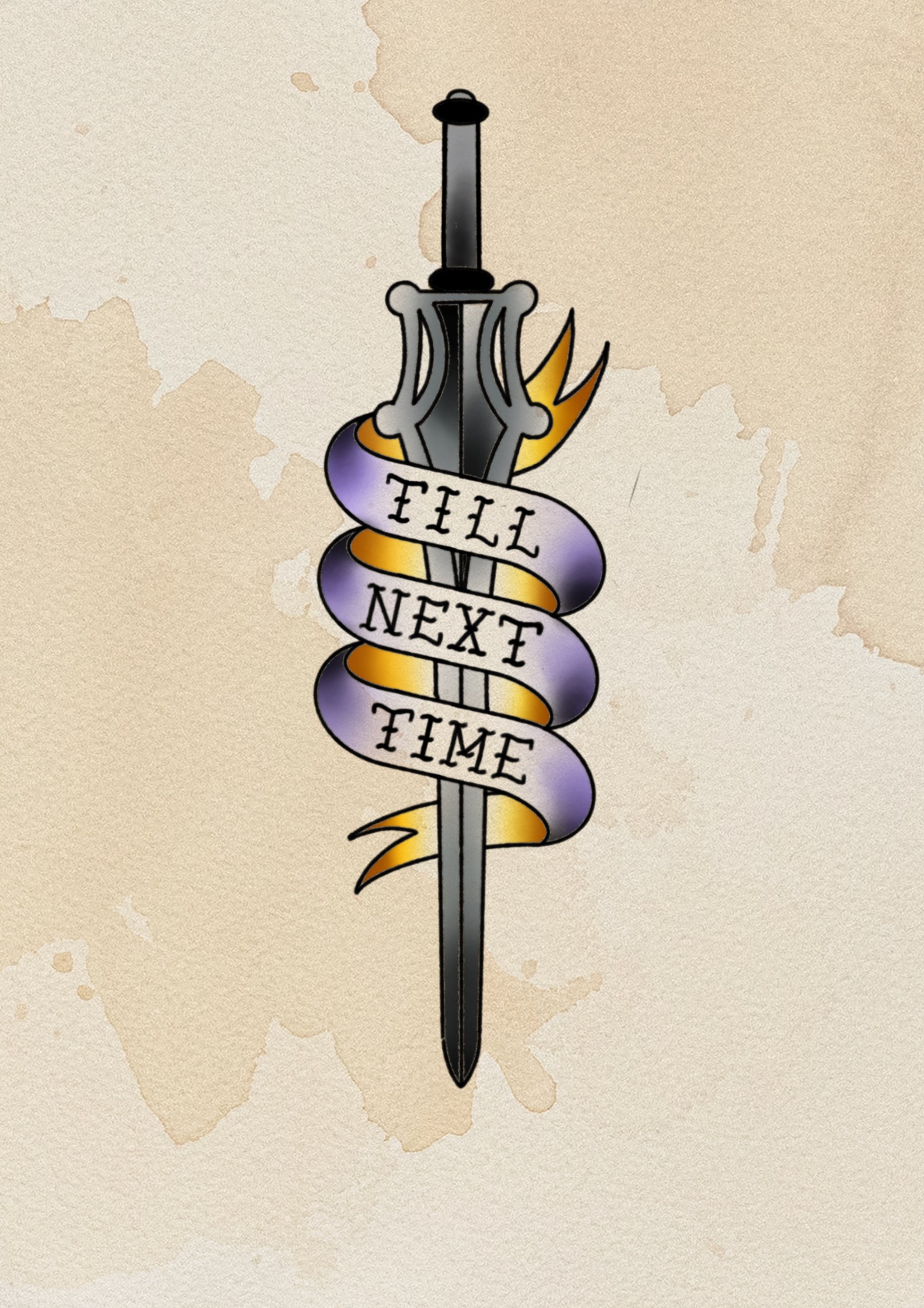 Till Next Time sword and scroll flash tattoo by Sham B