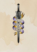Load image into Gallery viewer, Till Next Time sword and scroll flash tattoo by Sham B