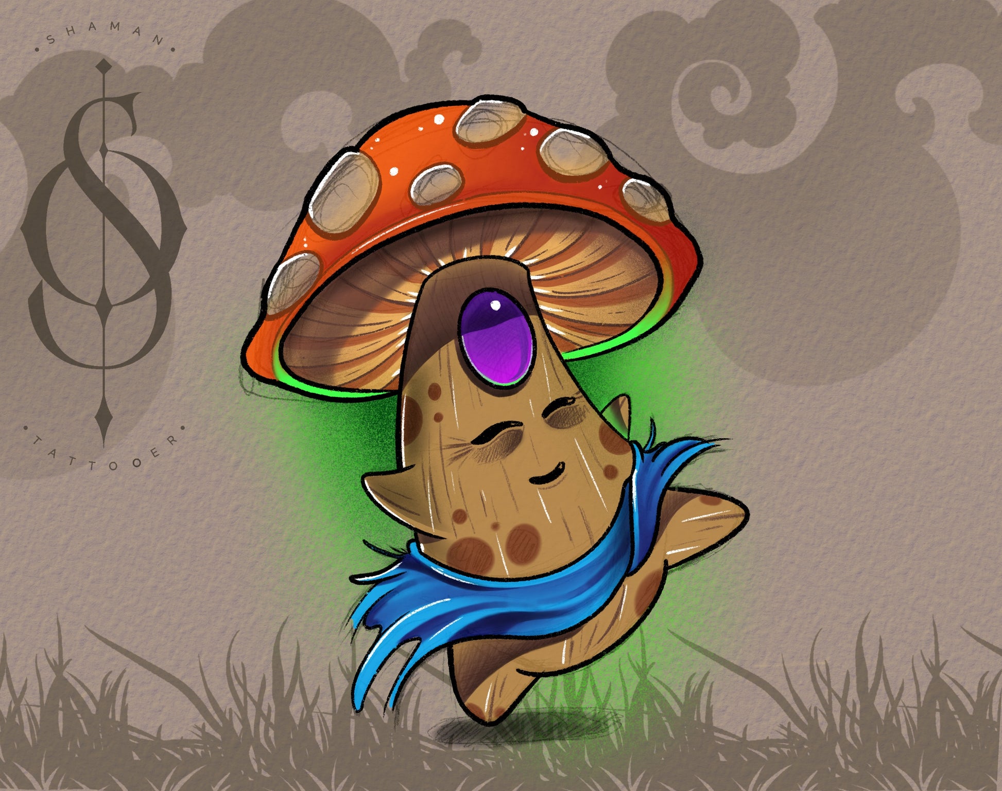 Arcane Sprout tattoo design by Emmanuel, depicting a baby mushroom with a red cap, single glowing eye, and blue scarf — fantasy style flash
