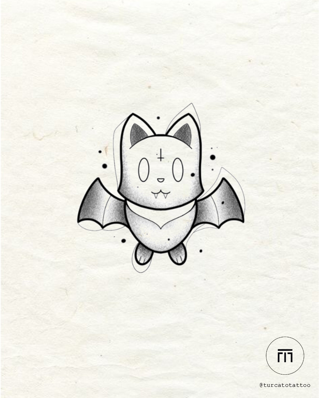 Batcat Familiar flash tattoo by Mateus T. – winged cat with cross and fangs, blackwork design at The Ink Factory Dublin
