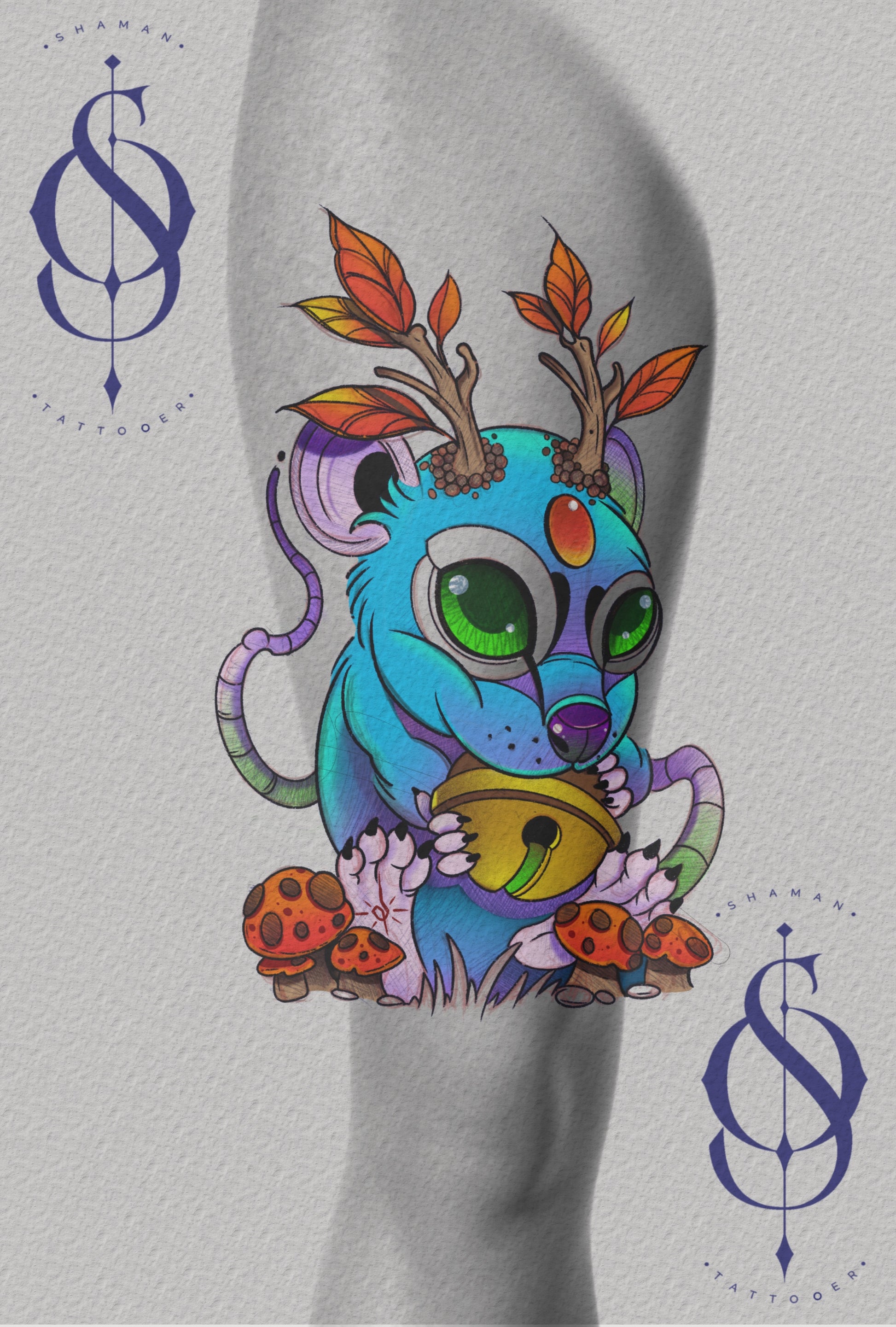 Forest creature tattoo with autumn antlers and bell, drawn in full colour by Emmanuel, exclusive to The Ink Factory Dublin.

