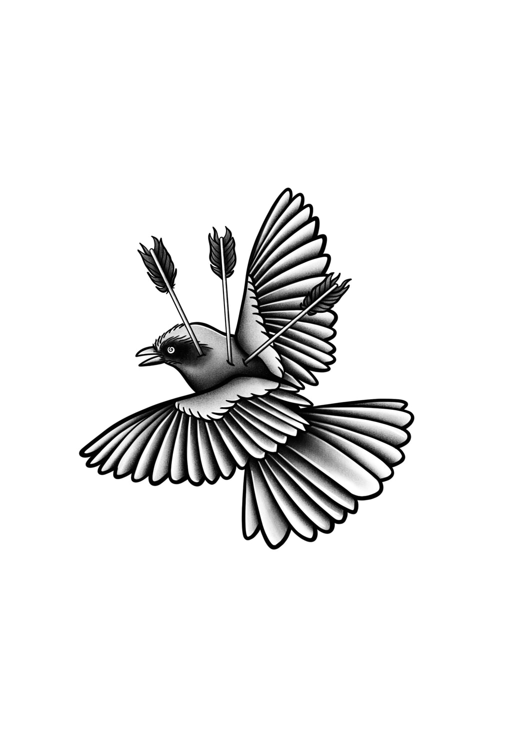 Bird and arrows tattoo flash by Mateus Luis with blackwork symbolism