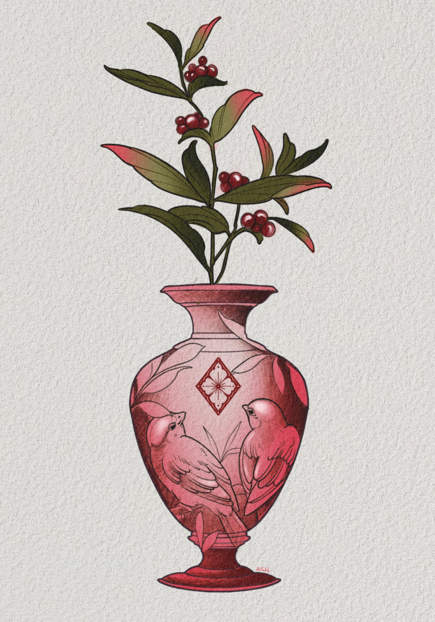 Bird Berry Vase Tattoo Design by Ash Sheridan – Nature-Inspired Flash at The Ink Factory Dublin

