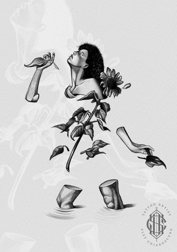 Surreal tattoo design by Edi featuring a woman blooming into sunflowers, hands holding leaves, and legs rooted in water

