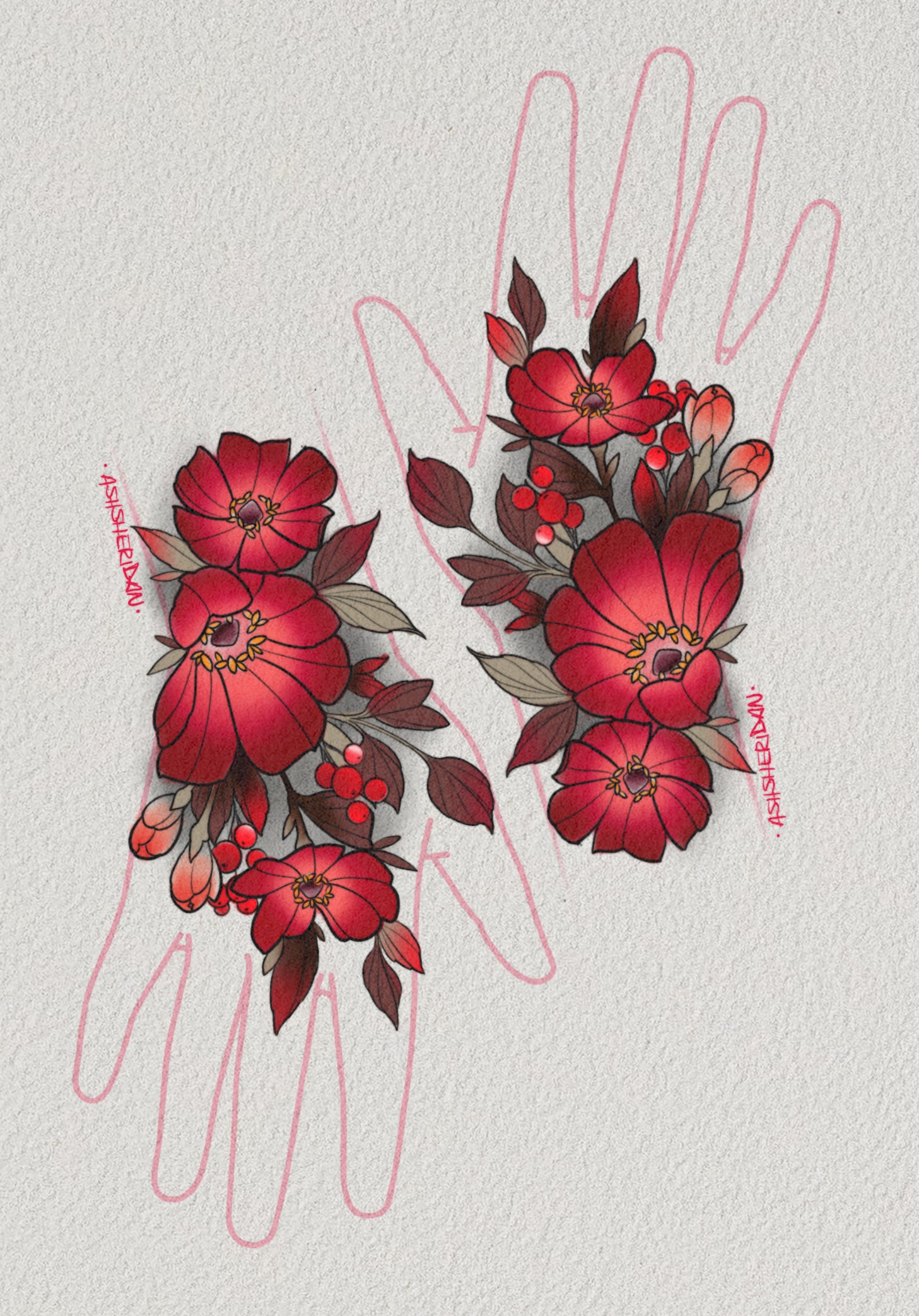 Bloomed Grip Tattoo Design by Ash Sheridan – Hand and Floral Blackwork Flash at The Ink Factory Dublin

