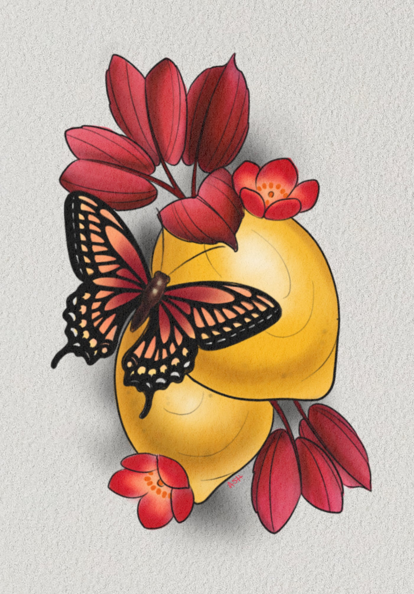Butterfly Lemon Tattoo Design by Ash Sheridan – Surreal Blackwork Flash at The Ink Factory Dublin


