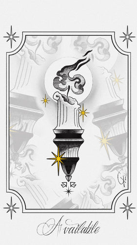 Tattoo design featuring a burning candle, smoke trails, and stylised stars in fine blackwork by Raul Graciotti
