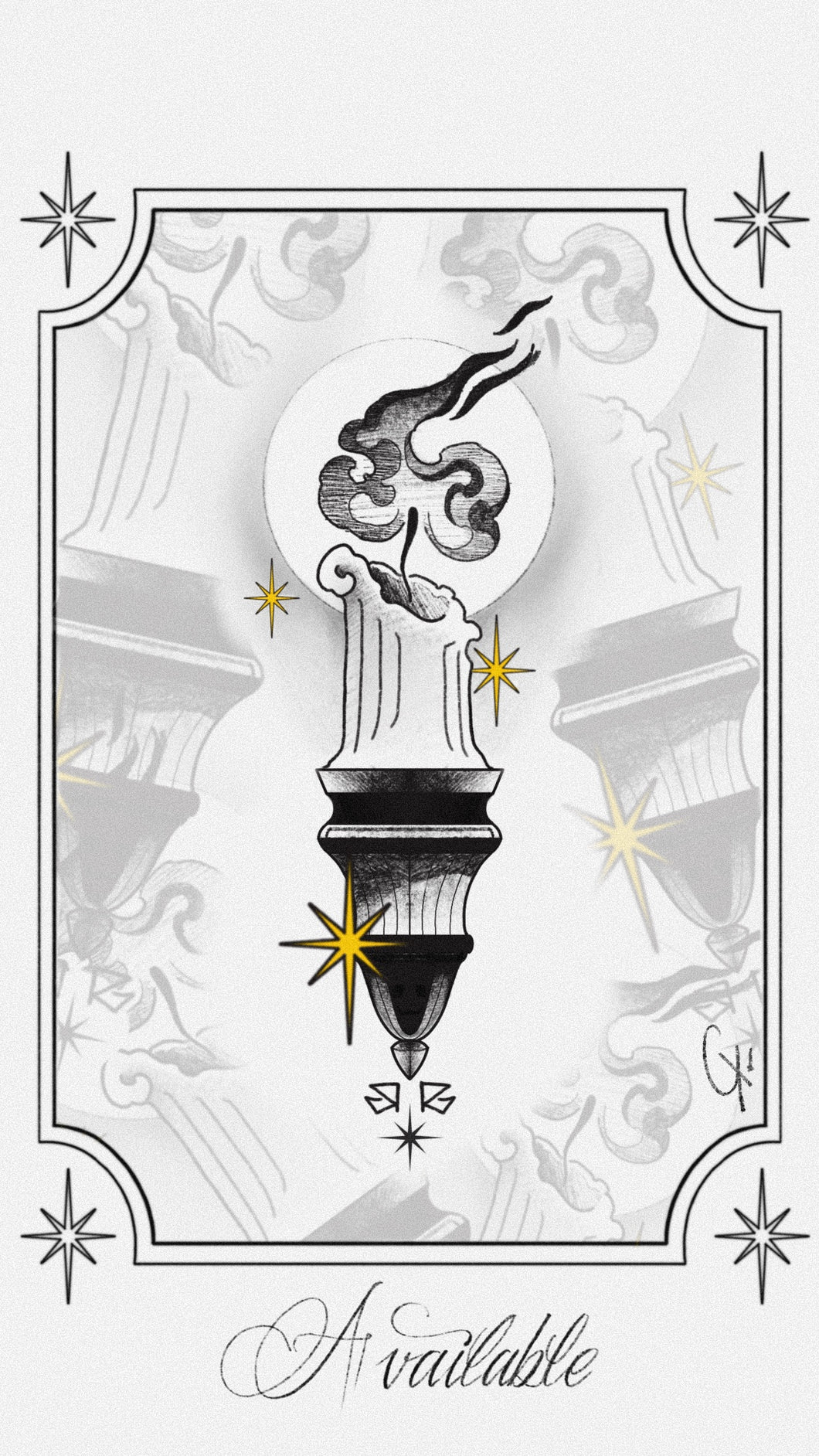 Tattoo design featuring a burning candle, smoke trails, and stylised stars in fine blackwork by Raul Graciotti