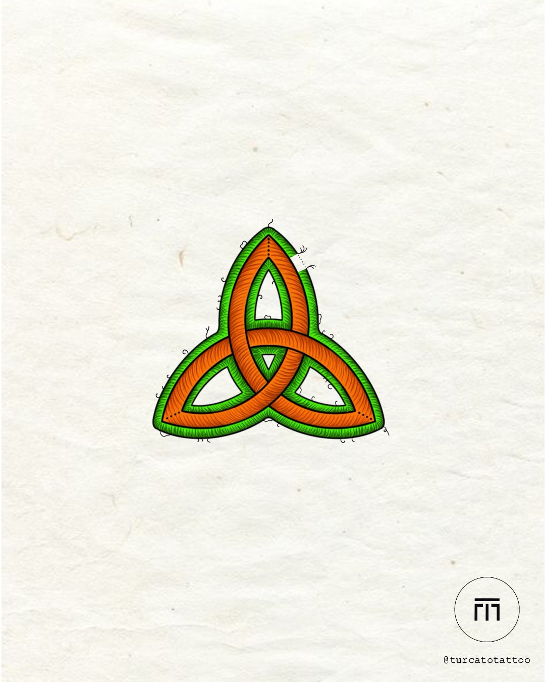 Celtic Ember flash tattoo by Mateus T. – triquetra knot in Irish flag colors, The Ink Factory Dublin

