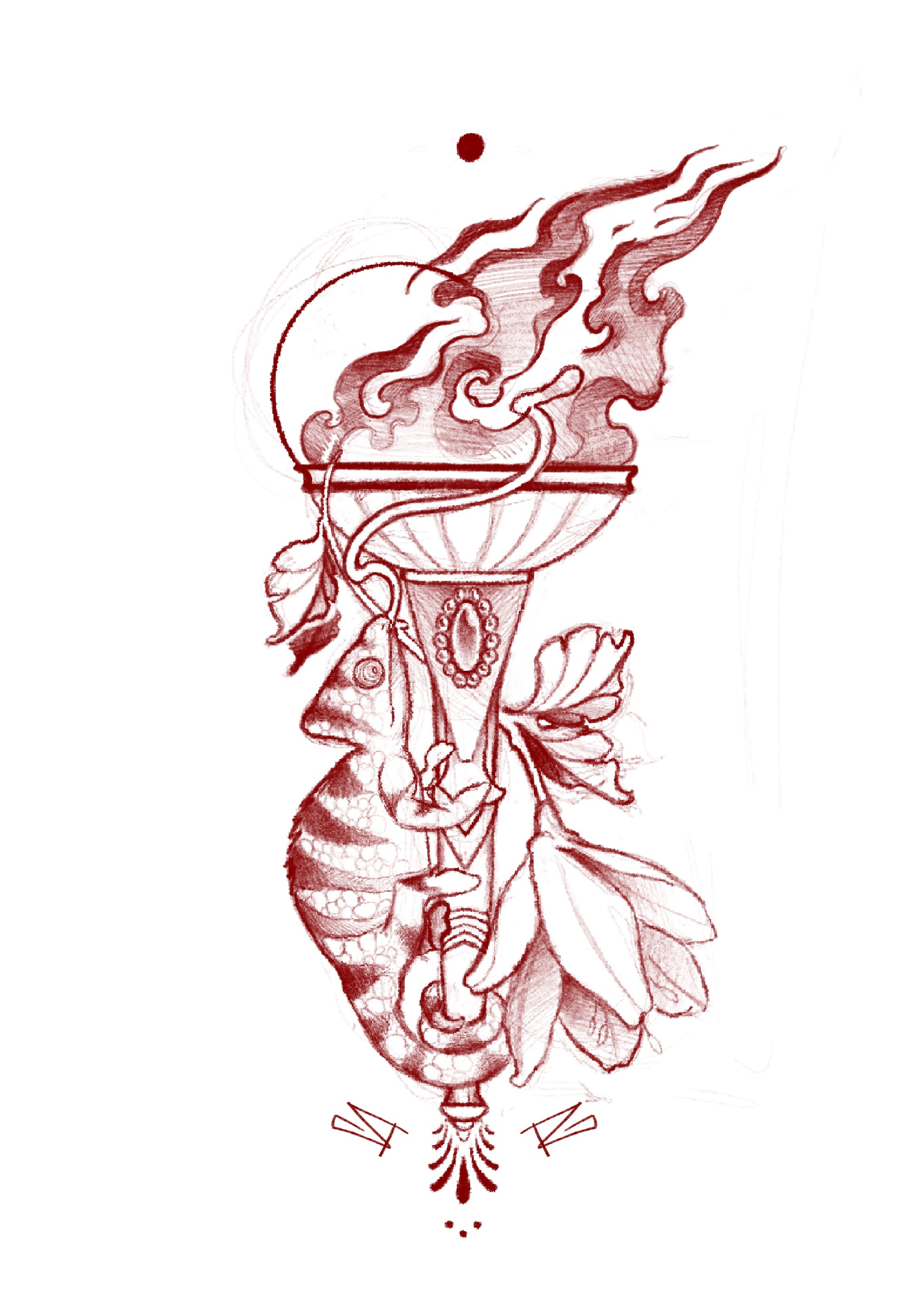 Tattoo design featuring a red chameleon holding a torch with leaves and flames in surreal sketch style by Raul Graciotti