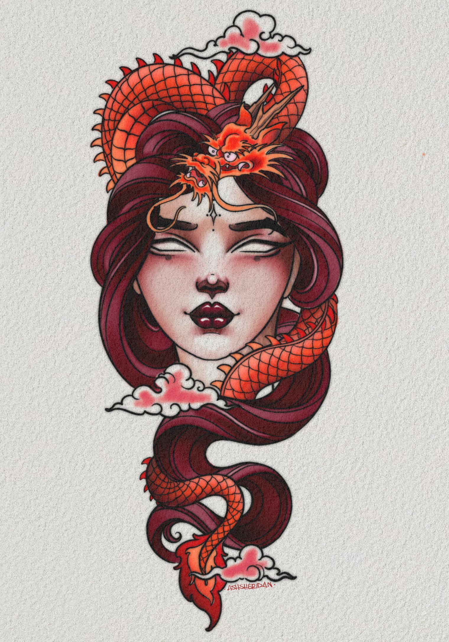 Chasing Dragon Tattoo Design by Ash Sheridan – Fantasy Flash at The Ink Factory Dublin

