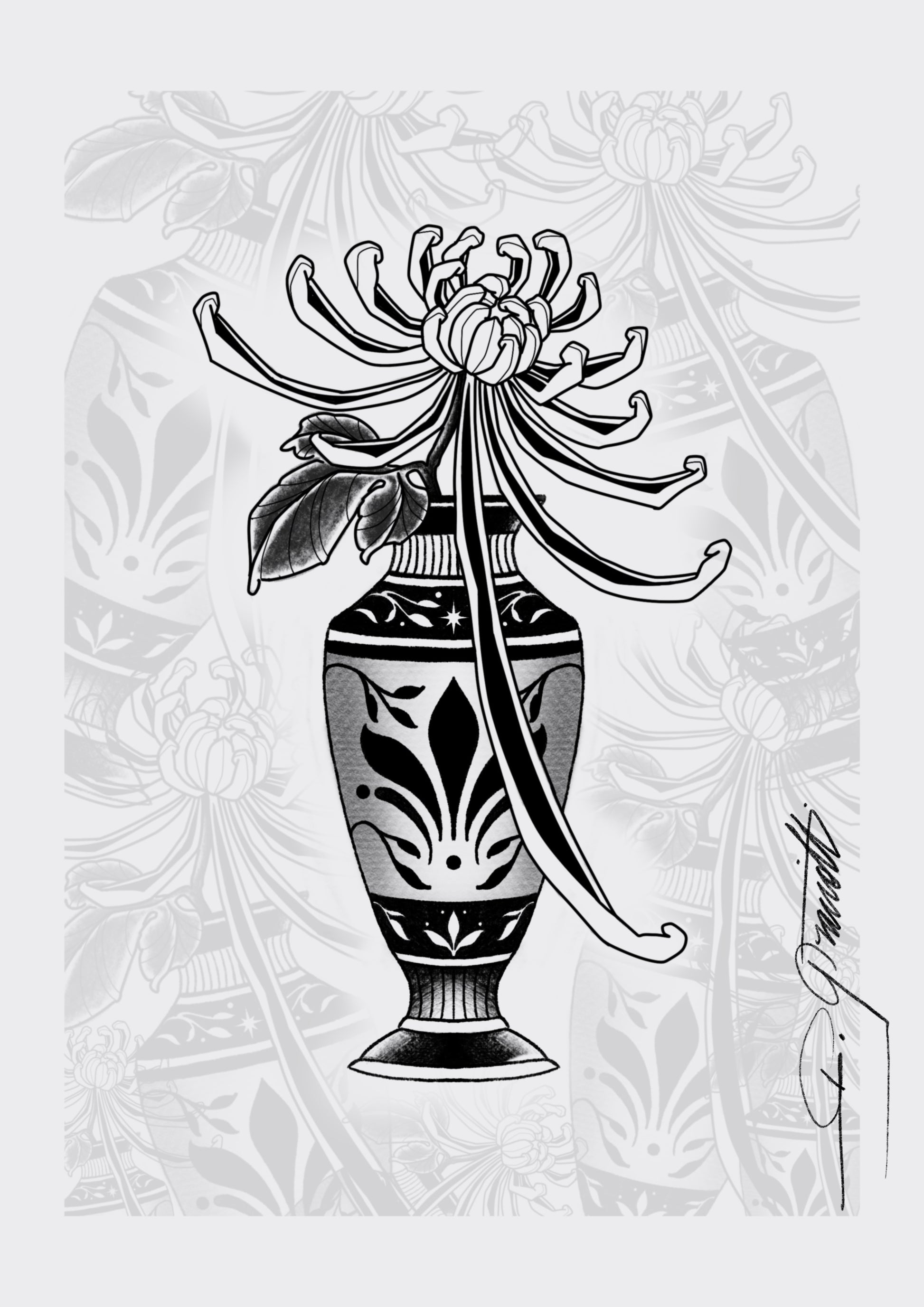 Black and grey tattoo design featuring chrysanthemum flower in decorative vase by Raul Graciotti

