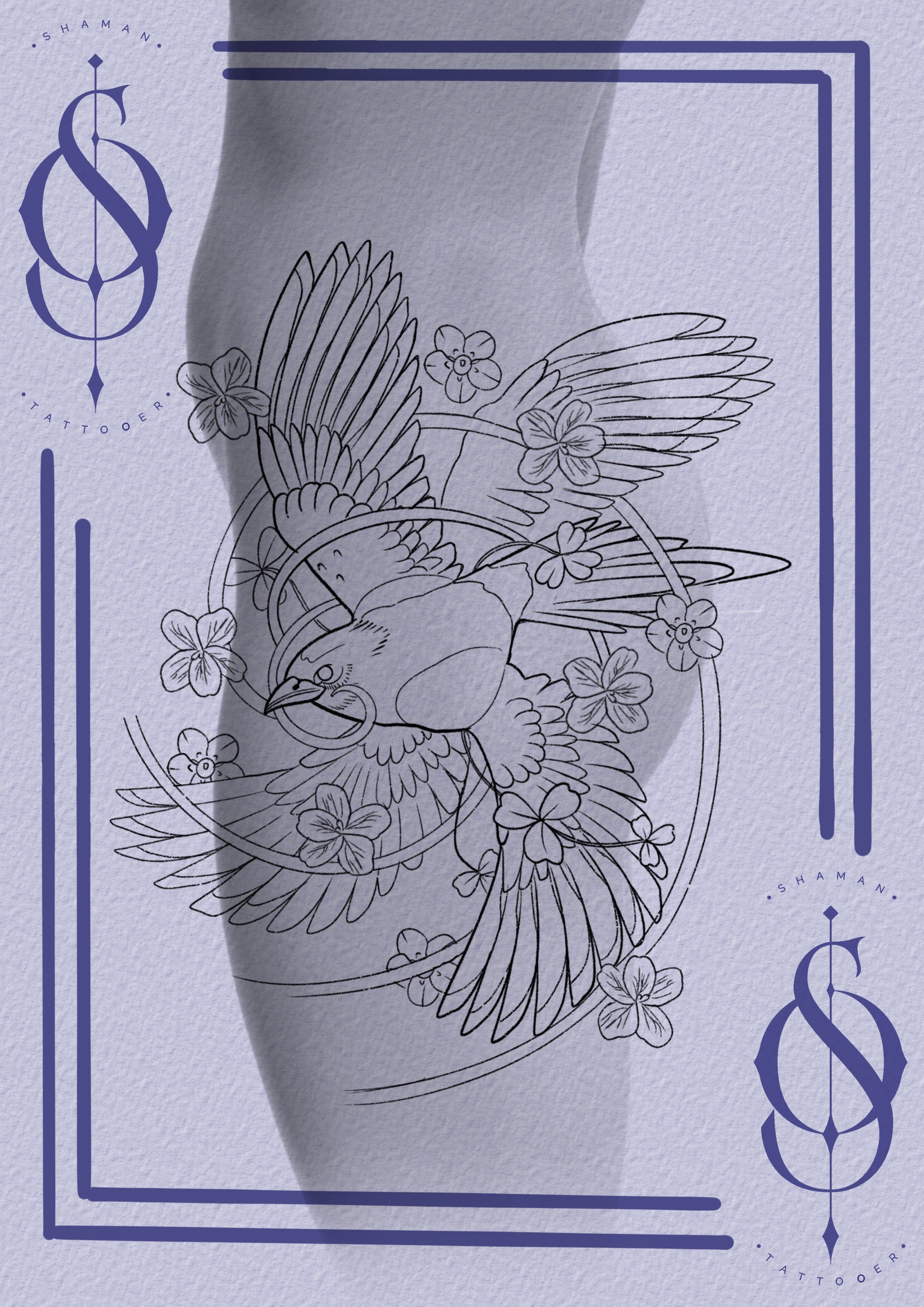 Magpie tattoo design by Emmanuel featuring a circular flight surrounded by flowers, created for three full-day colour sessions.

