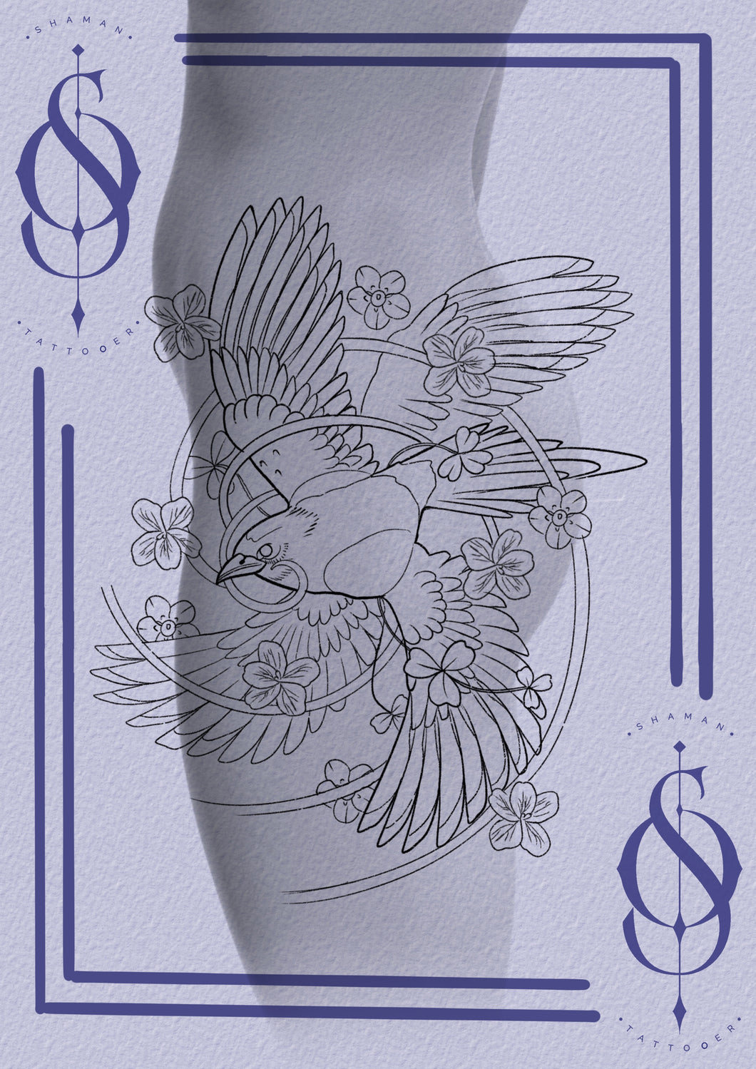 Magpie tattoo design by Emmanuel featuring a circular flight surrounded by flowers, created for three full-day colour sessions.

