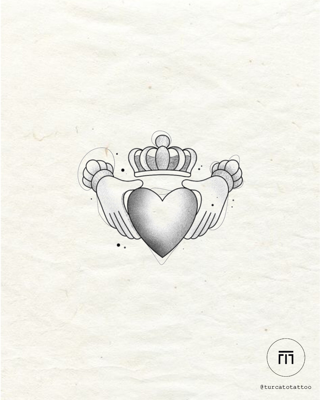 Claddagh Oath flash tattoo by Mateus T. – traditional Irish hands-heart-crown design in blackwork at The Ink Factory Dublin

