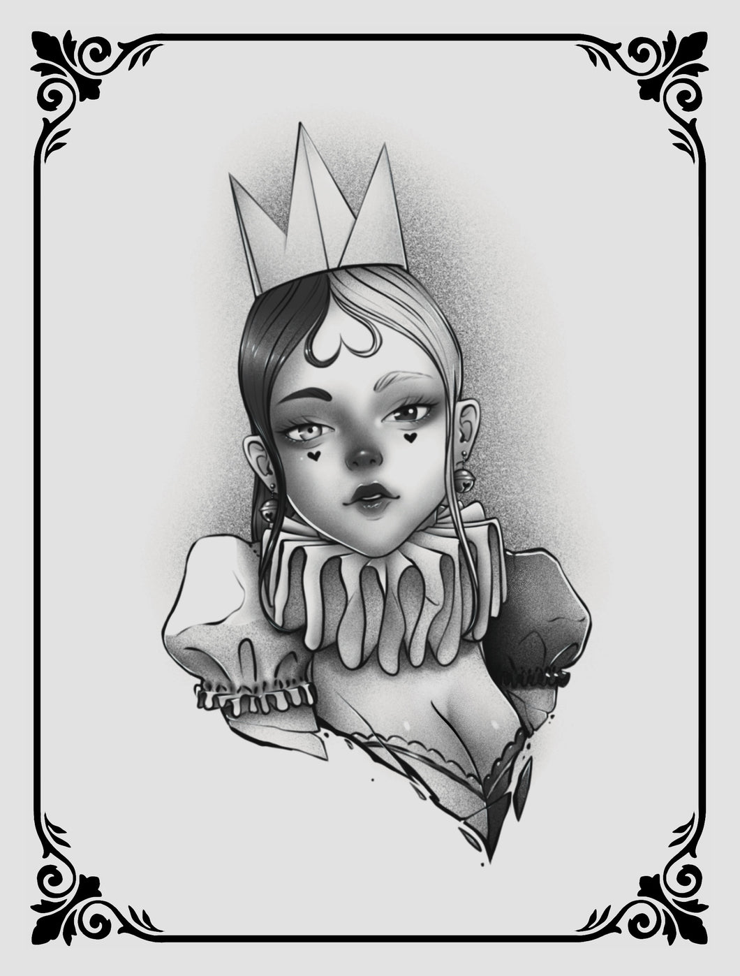 Tattoo flash of a dark clown character by JPD in bold, theatrical style