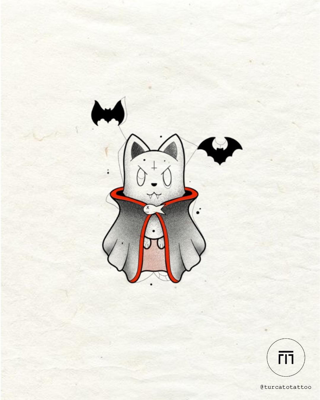 Count Catula vampire kitty tattoo flash by Mateus T. – cute gothic character tattoo at The Ink Factory Dublin

