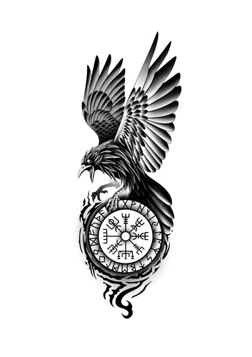 Norse crow and Vegvísir tattoo design by Mateus Luis in blackwork style