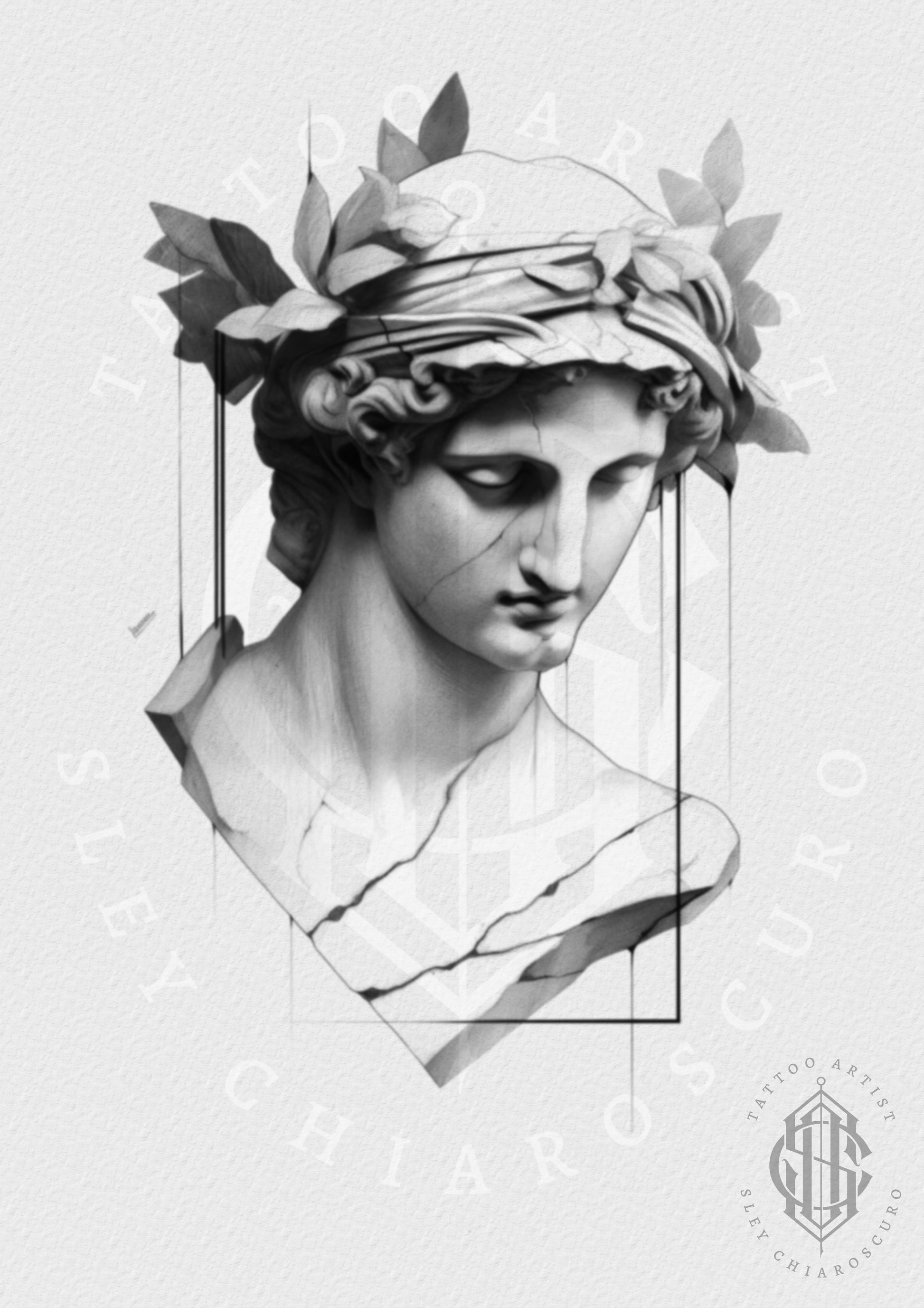 Tattoo design by Edi showing a cracked classical bust with laurel crown in black and grey realism

