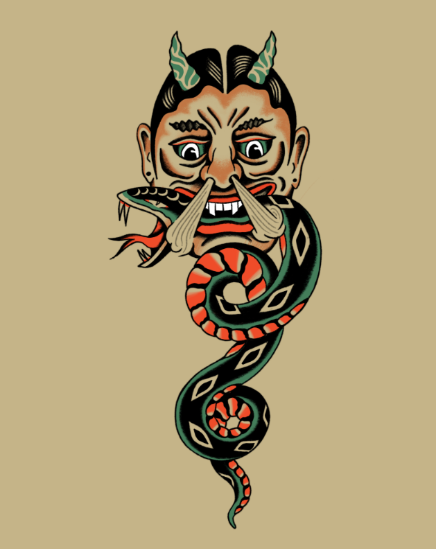 Demon Snake Tattoo Design by Mario – Blackwork Mythical Flash at The Ink Factory Dublin