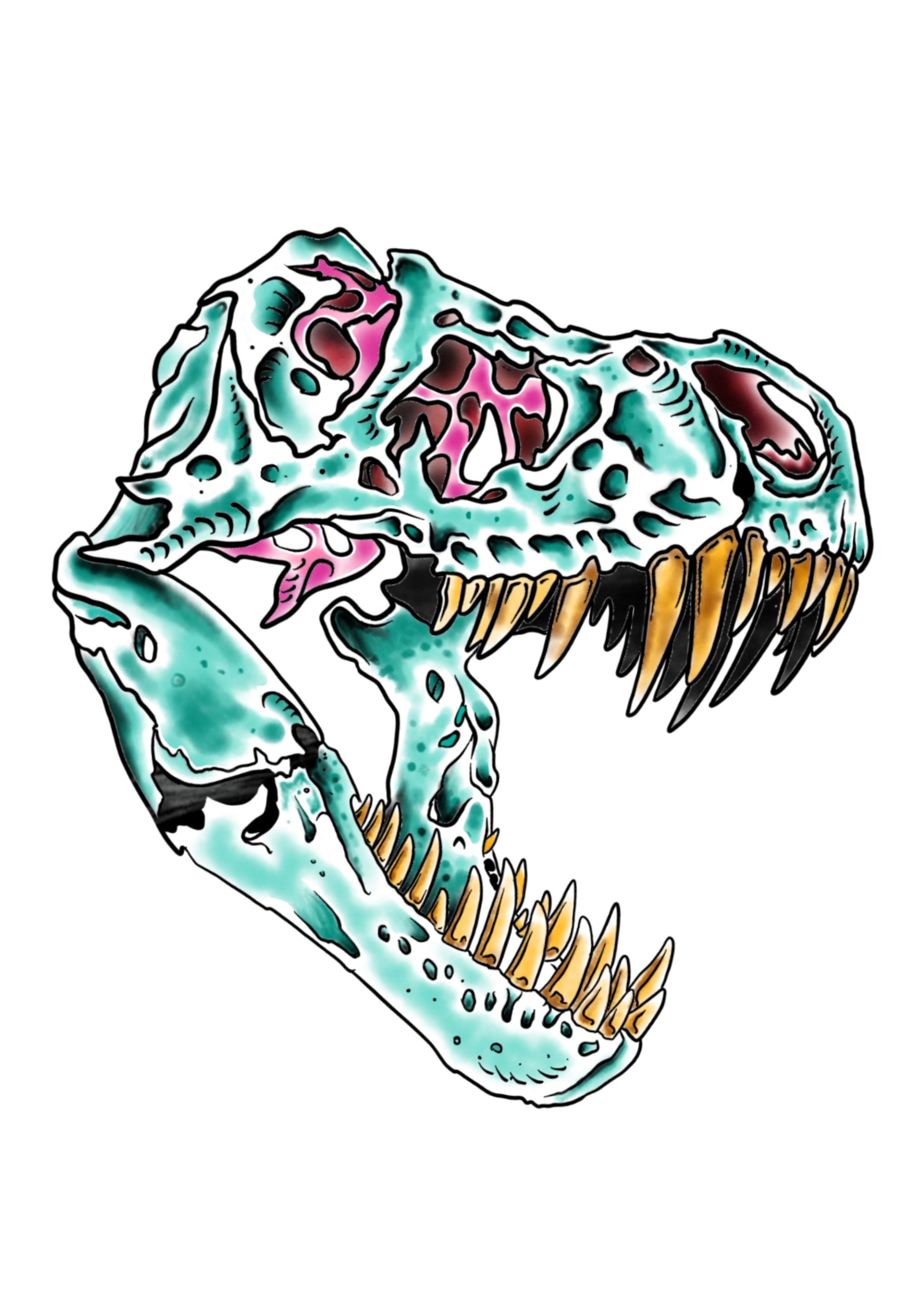 Dino Skull T-Rex flash tattoo by Sham B in bold black and red, featuring a detailed T-Rex skull in retro sci-fi tattoo style
