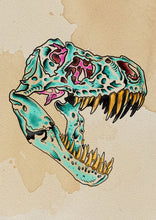 Load image into Gallery viewer, Dino Skull T-Rex flash tattoo by Sham B in bold black and red, featuring a detailed T-Rex skull in retro sci-fi tattoo style, exclusive to The Ink Factory Dublin