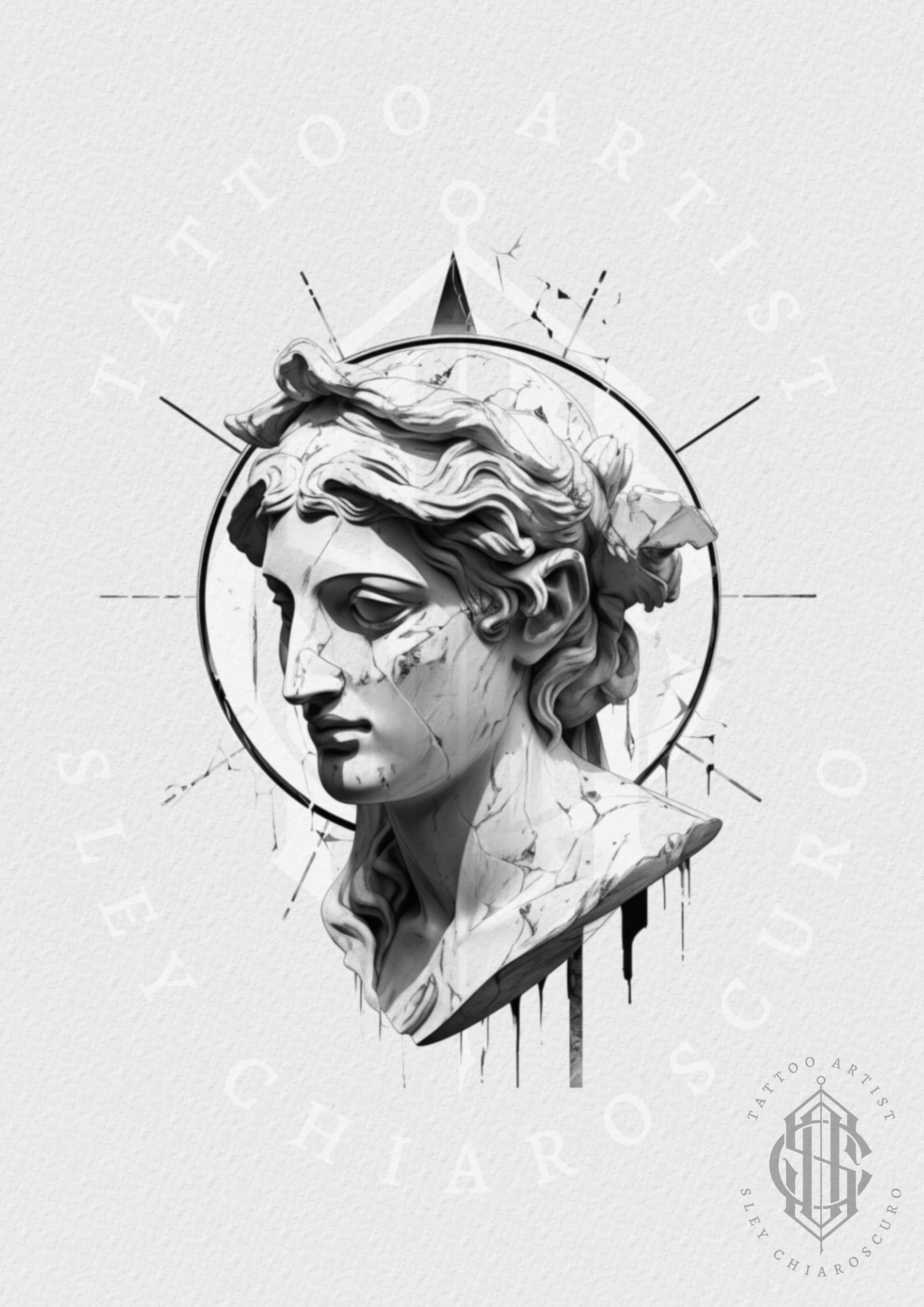 Tattoo design by Edi showing a cracked marble statue bust with circular frame in black and grey realism

