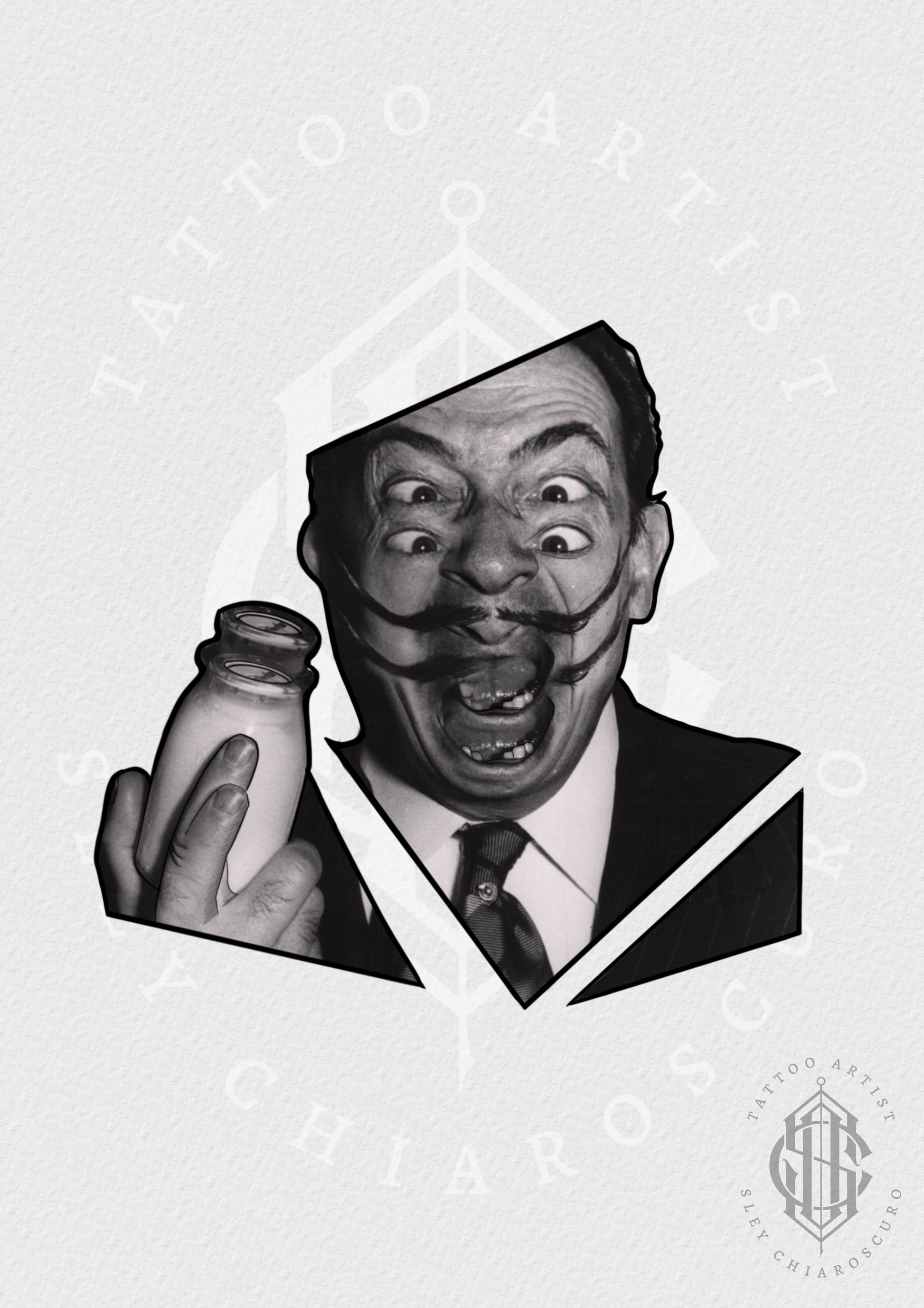 Tattoo design by Edi featuring a surreal distorted portrait with double facial features and milk bottle in hand

