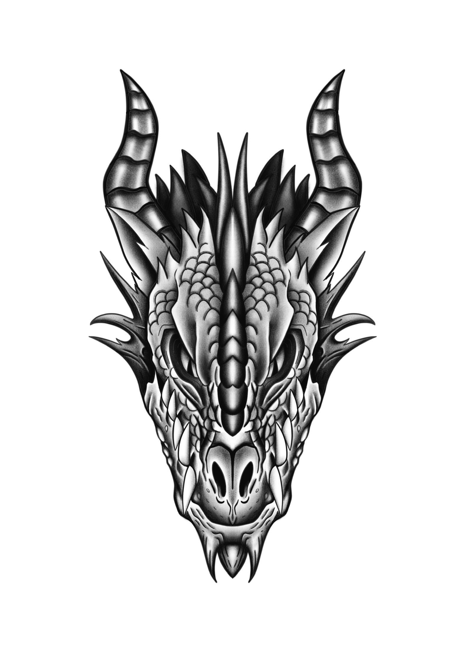 Fierce blackwork dragon head tattoo design by Mateus Luis