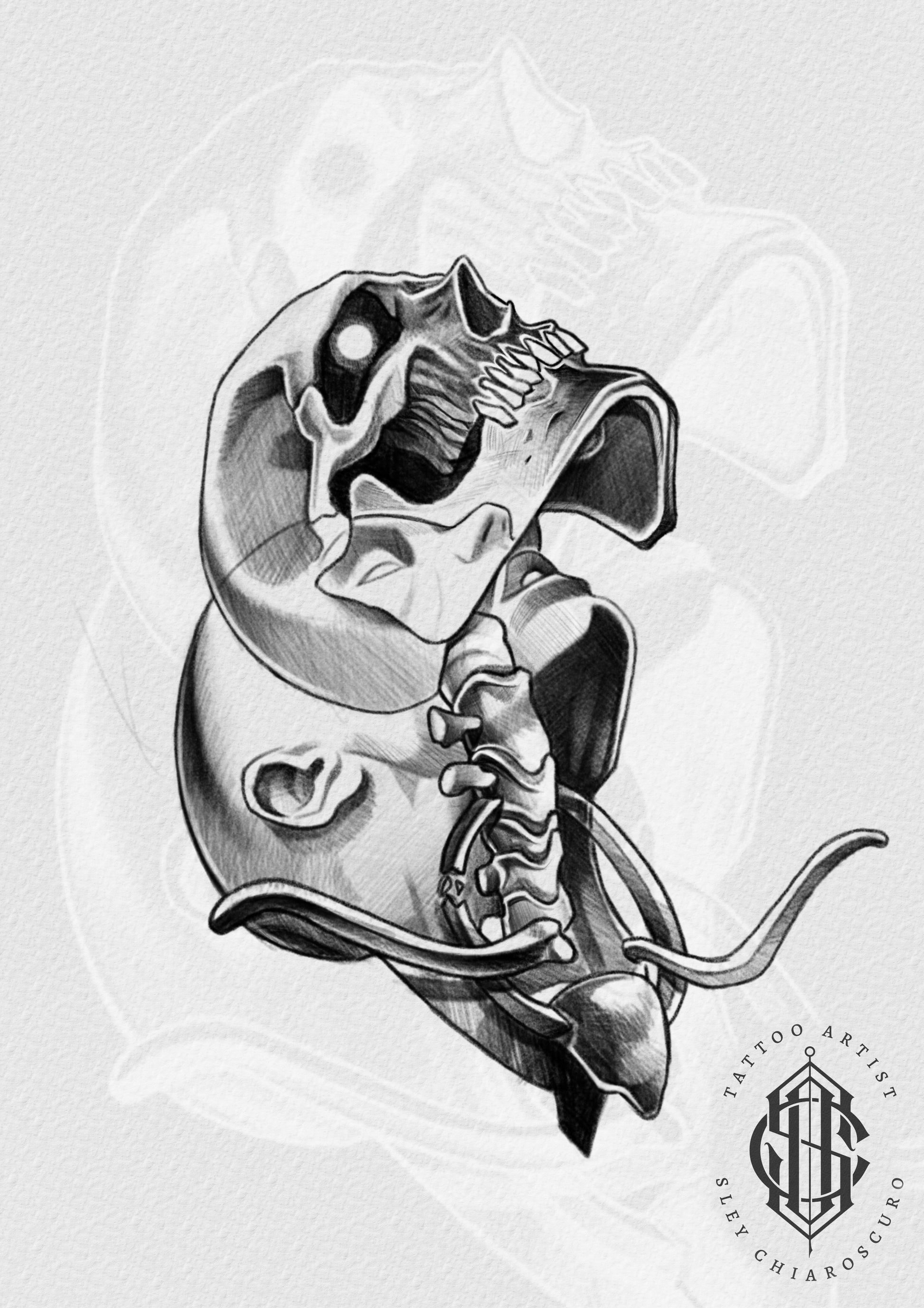 Tattoo design by Edi featuring a surreal dual skull with anatomical and monstrous contrast in black and grey style

