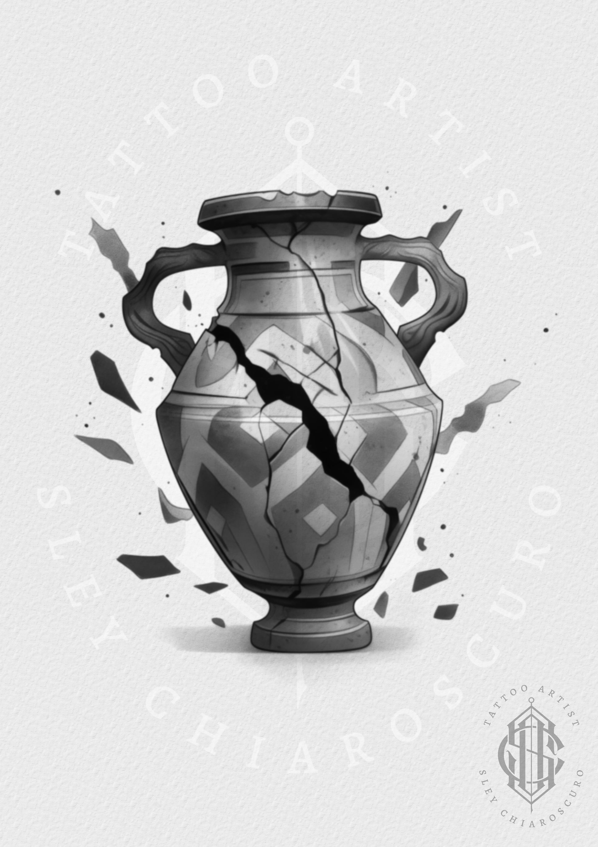 Tattoo design by Edi featuring a cracked ceramic vase in black and grey realism with shattered details

