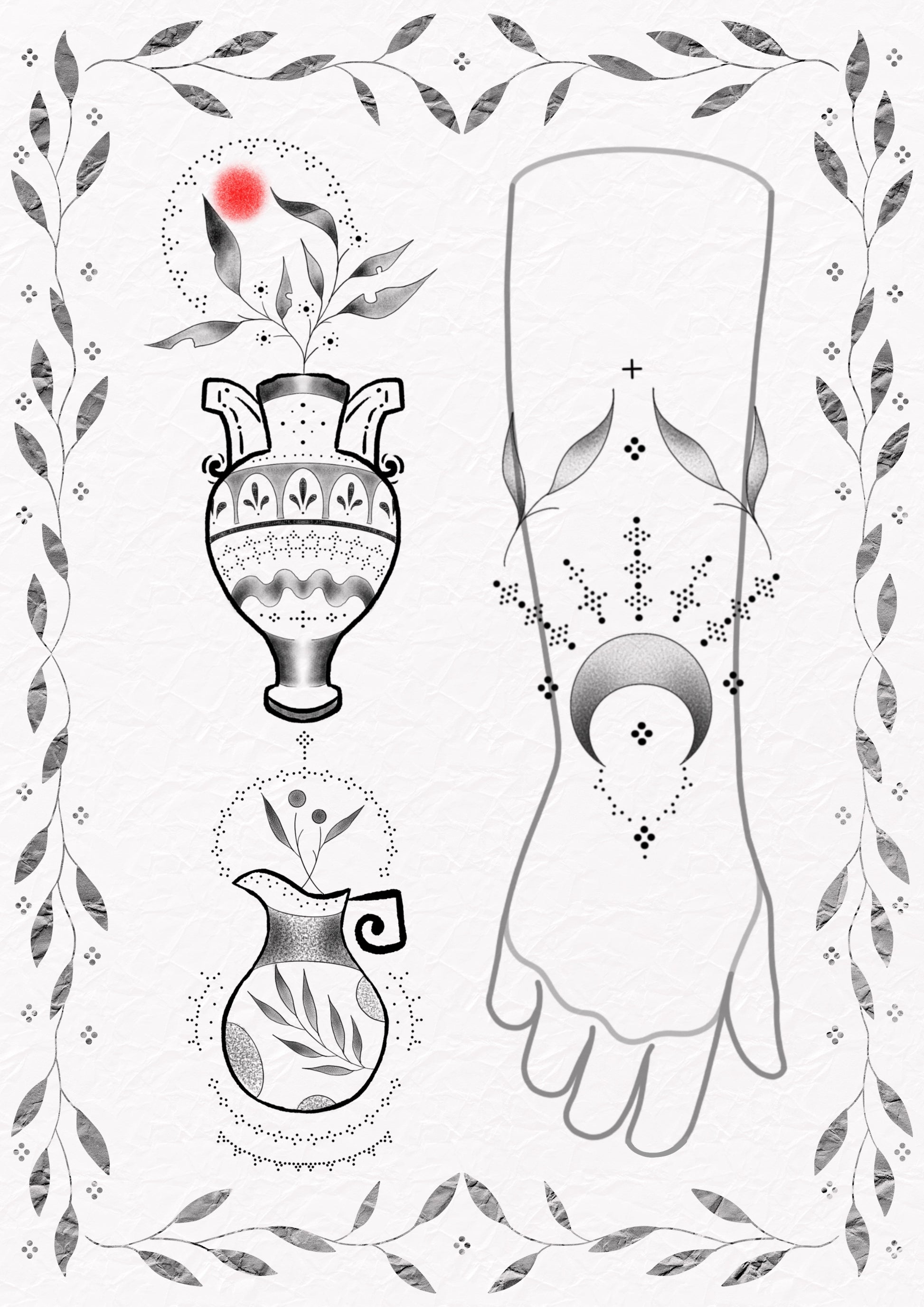 Exclusive tattoo design by Jess featuring ornamental floral and surreal fine line elements – The Ink Factory Dublin