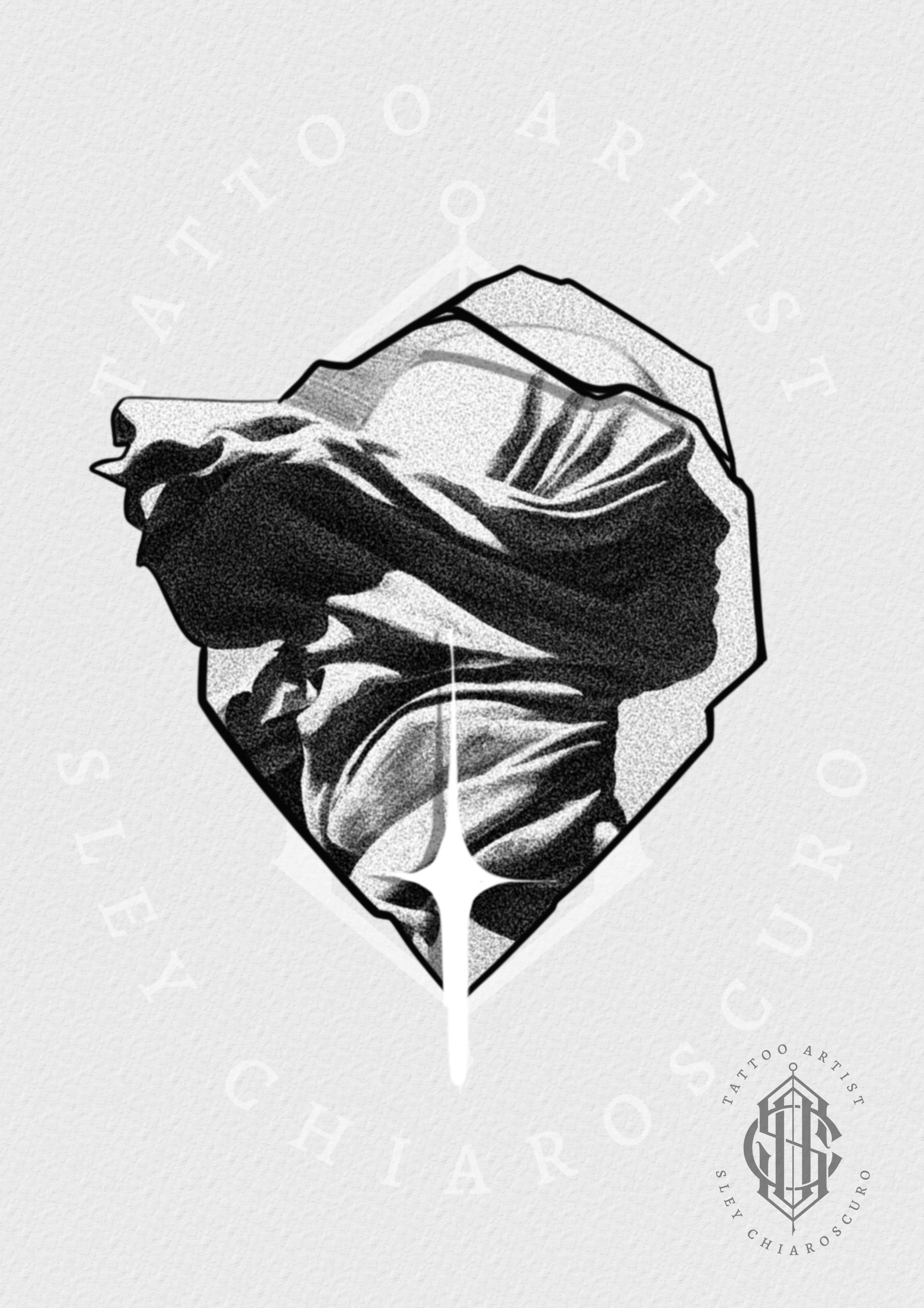 Dark realism tattoo design by Edi featuring veiled sculpture in black and grey chiaroscuro style

