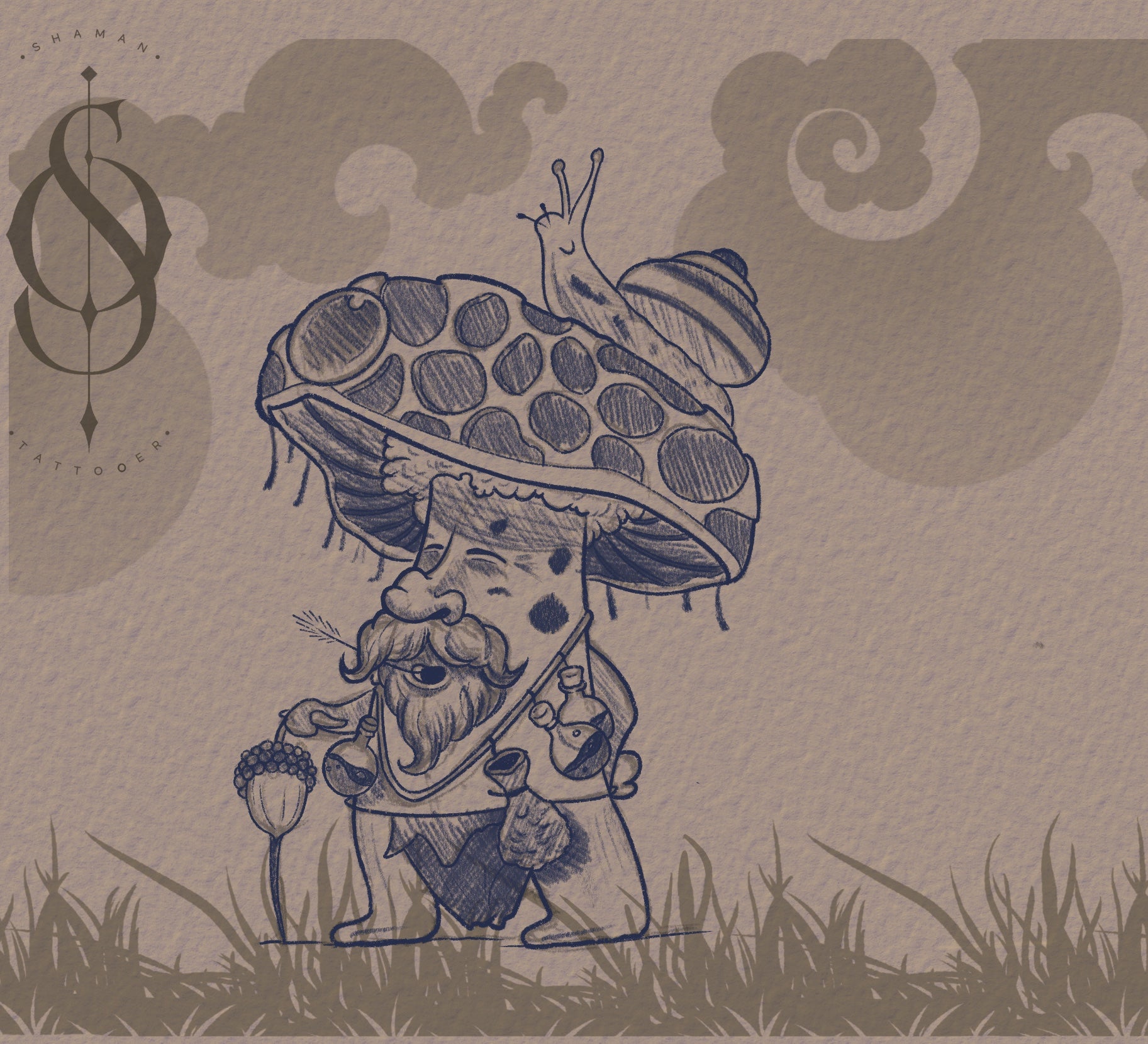 Elder Myco tattoo design by Emmanuel, showing a wise mushroom sage for a full-day colour session, exclusive to The Ink Factory Dublin.