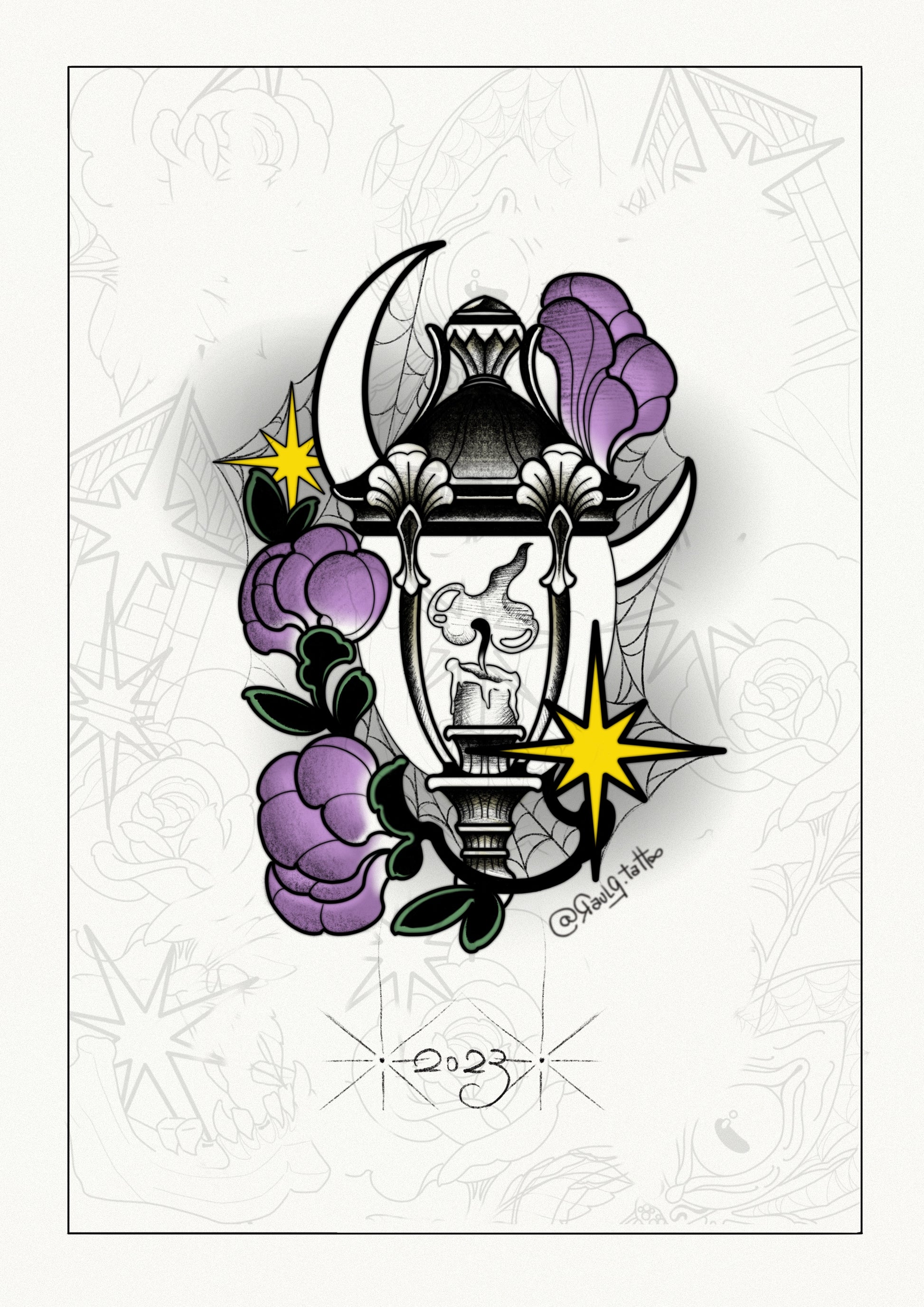 Tattoo design with lantern, crescent moon, candle flame, stars and violet flowers in a mystical theme by Raul Graciotti

