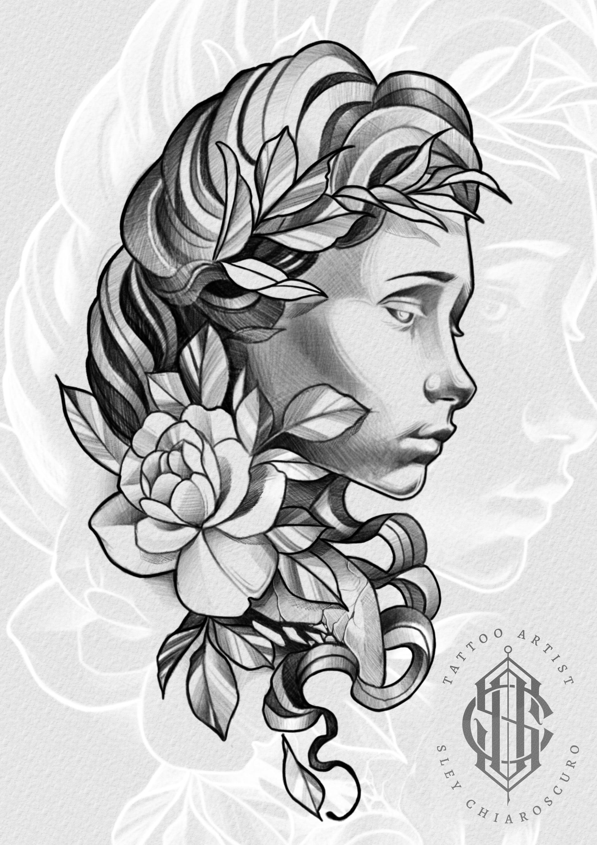 Tattoo design by Edi featuring a female portrait with floral hair elements and leaves in black and grey realism