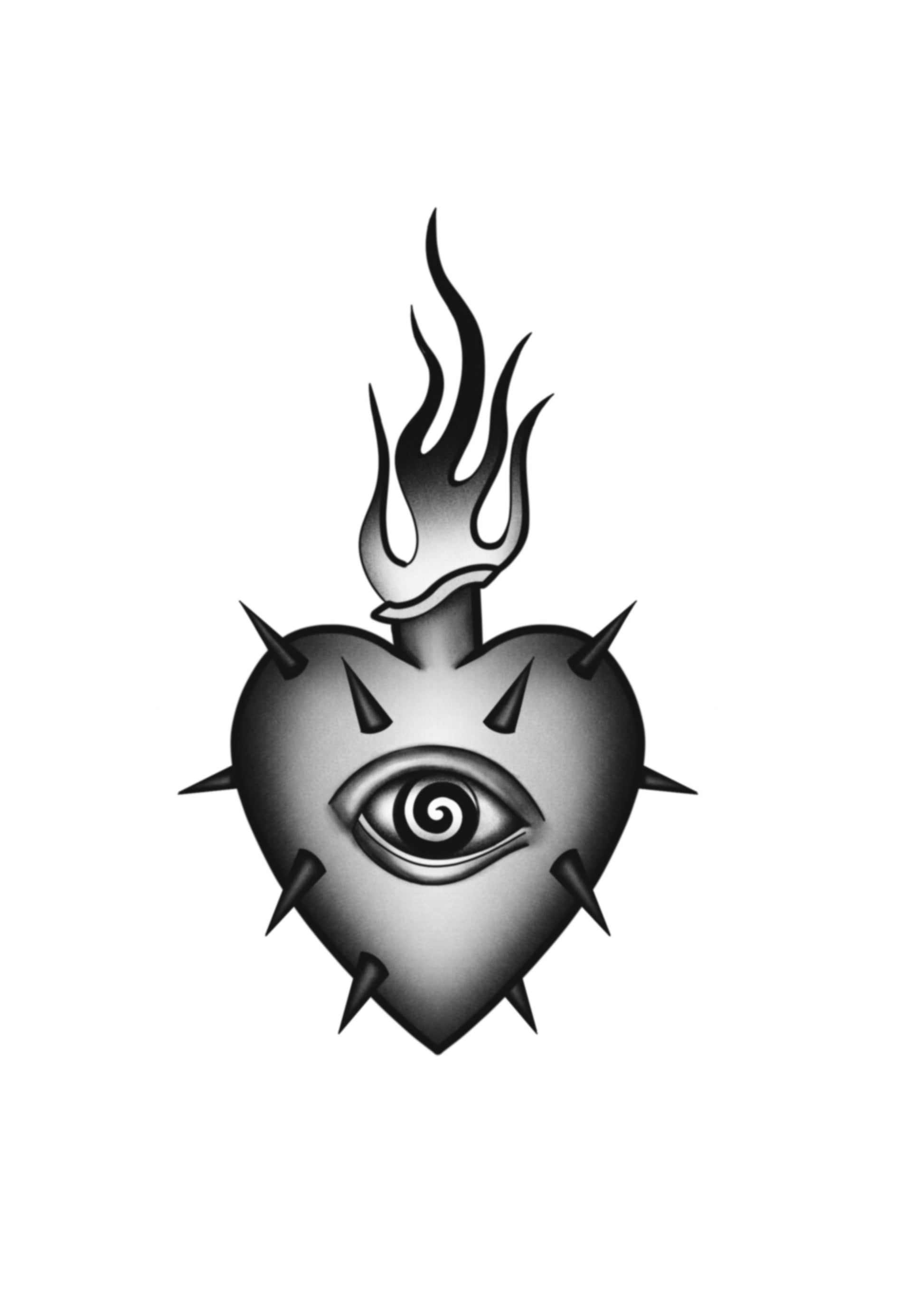 Flaming heart and eye blackwork tattoo flash by Mateus Luis