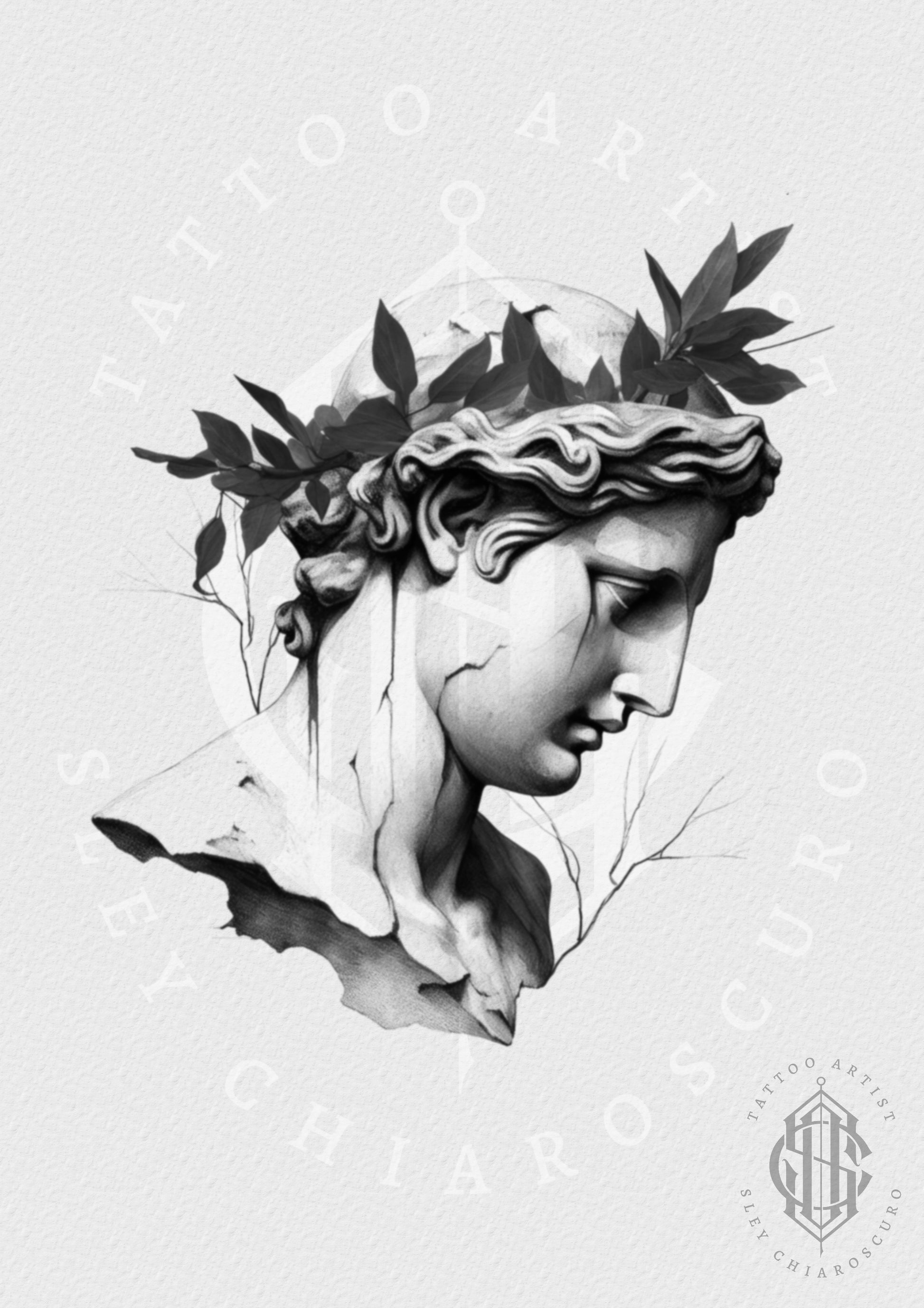 Tattoo design by Edi featuring a marble bust with laurel crown, cracked surface, and fading base in black and grey realism

