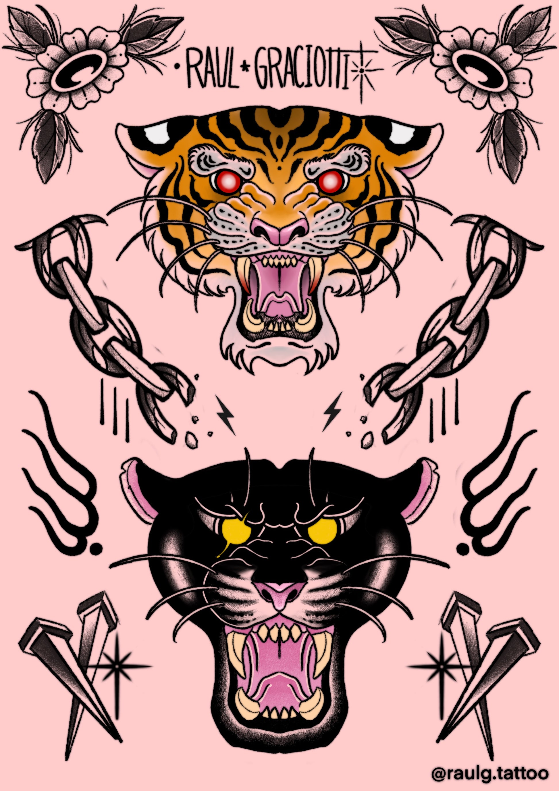 Tattoo flash sheet with bold neo-traditional tiger and panther heads, chains and flowers by Raul Graciotti

