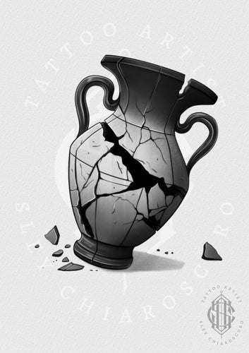 Tattoo design by Edi showing a heavily cracked ceramic vase with scattered shards in black and grey realism


