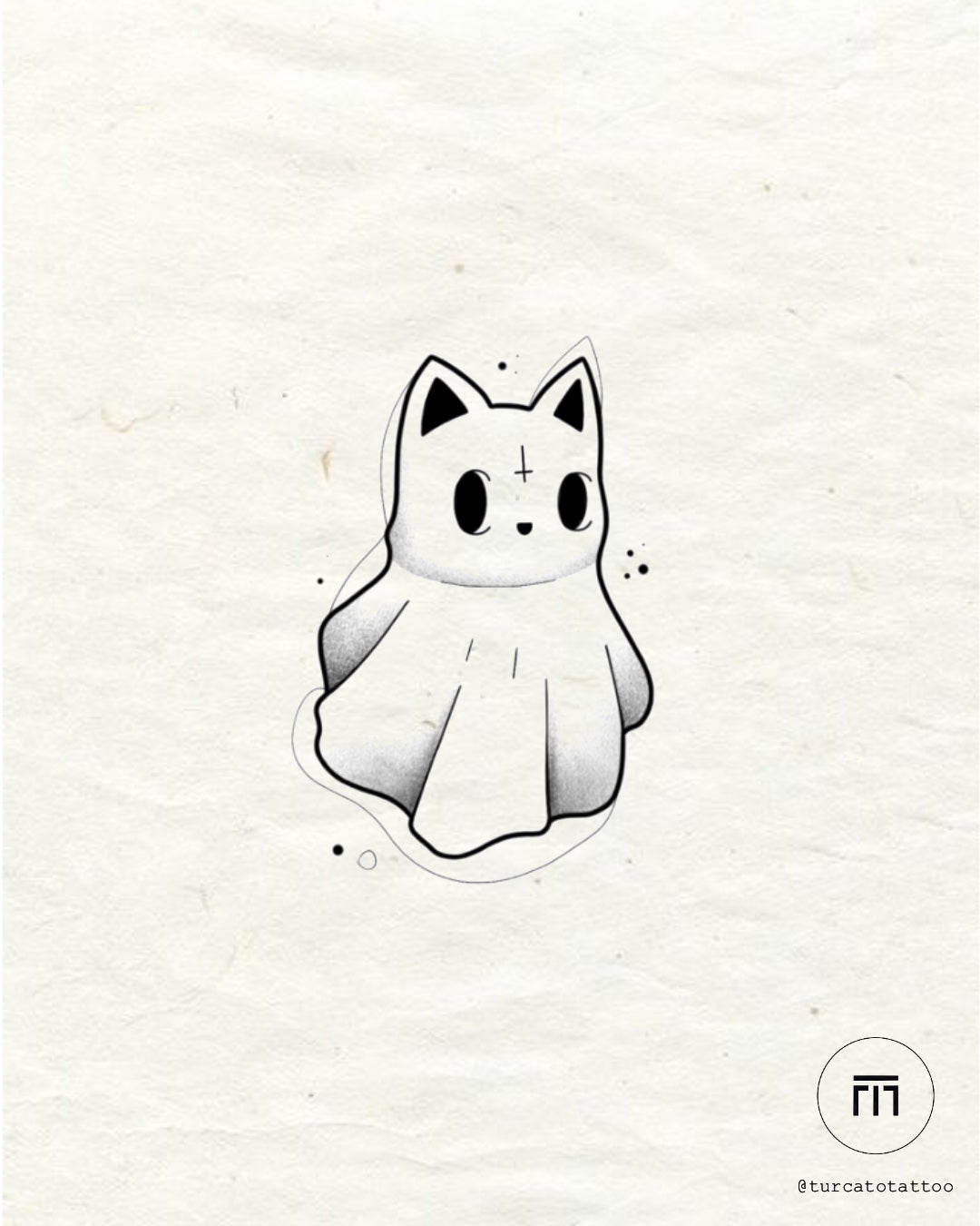 Ghost Kitty flash tattoo by Mateus T. – cute ghost cat with occult symbol, The Ink Factory Dublin

