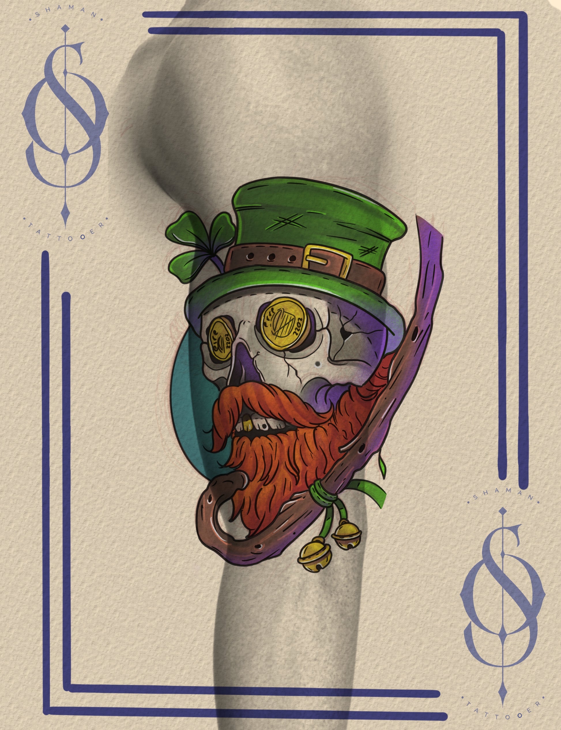 Tattoo design by Emmanuel featuring a leprechaun skull with gold coin eyes, green hat, and pipe — full-day colour session exclusive to The Ink Factory Dublin.

