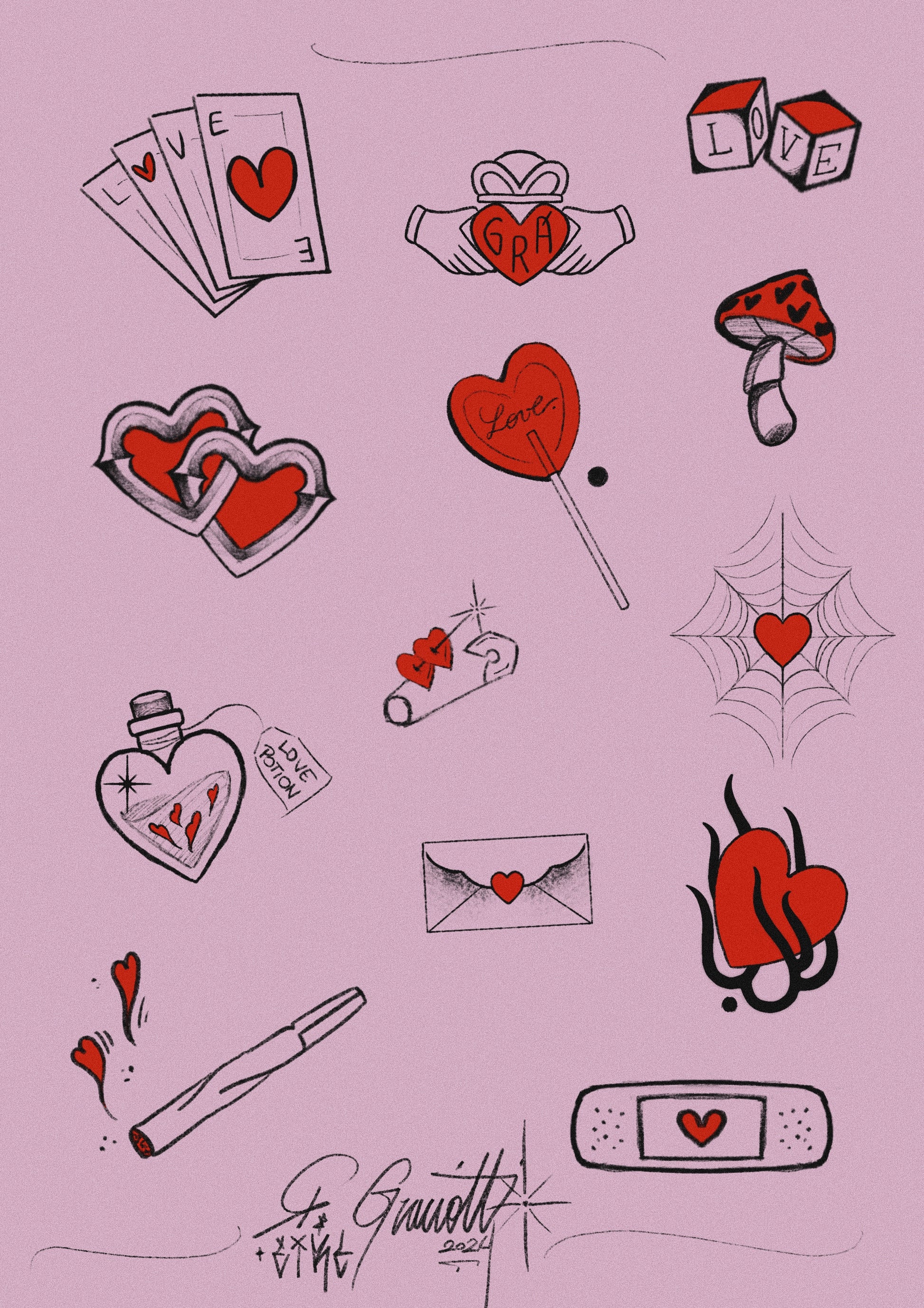 Miniature tattoo flash sheet with love-themed retro icons including hearts, potions, and Claddagh by Raul Graciotti

