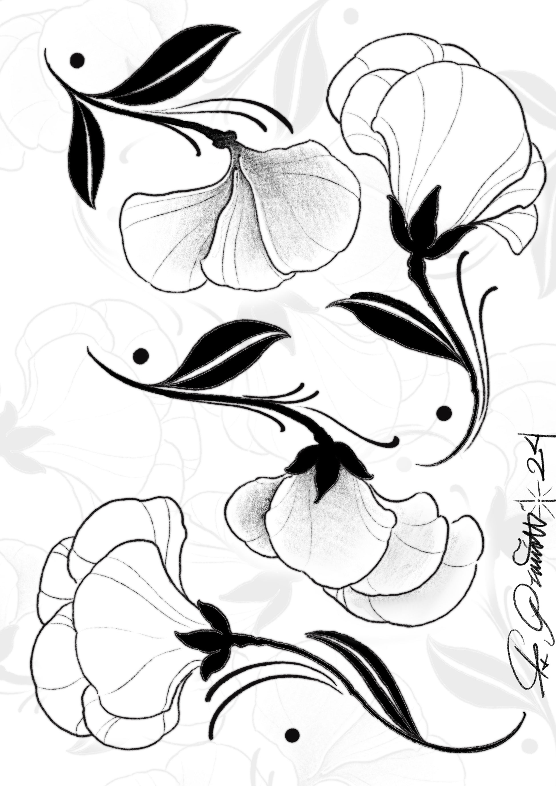 Elegant black and grey floral tattoo flash with soft shading and fine line work by tattoo artist Raul G

