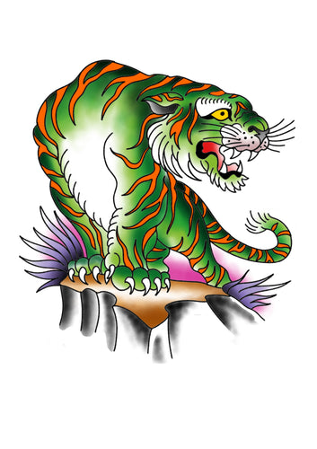 Green Perching Tiger flash tattoo by Sham B featuring bold black, red, and green neo-traditional style