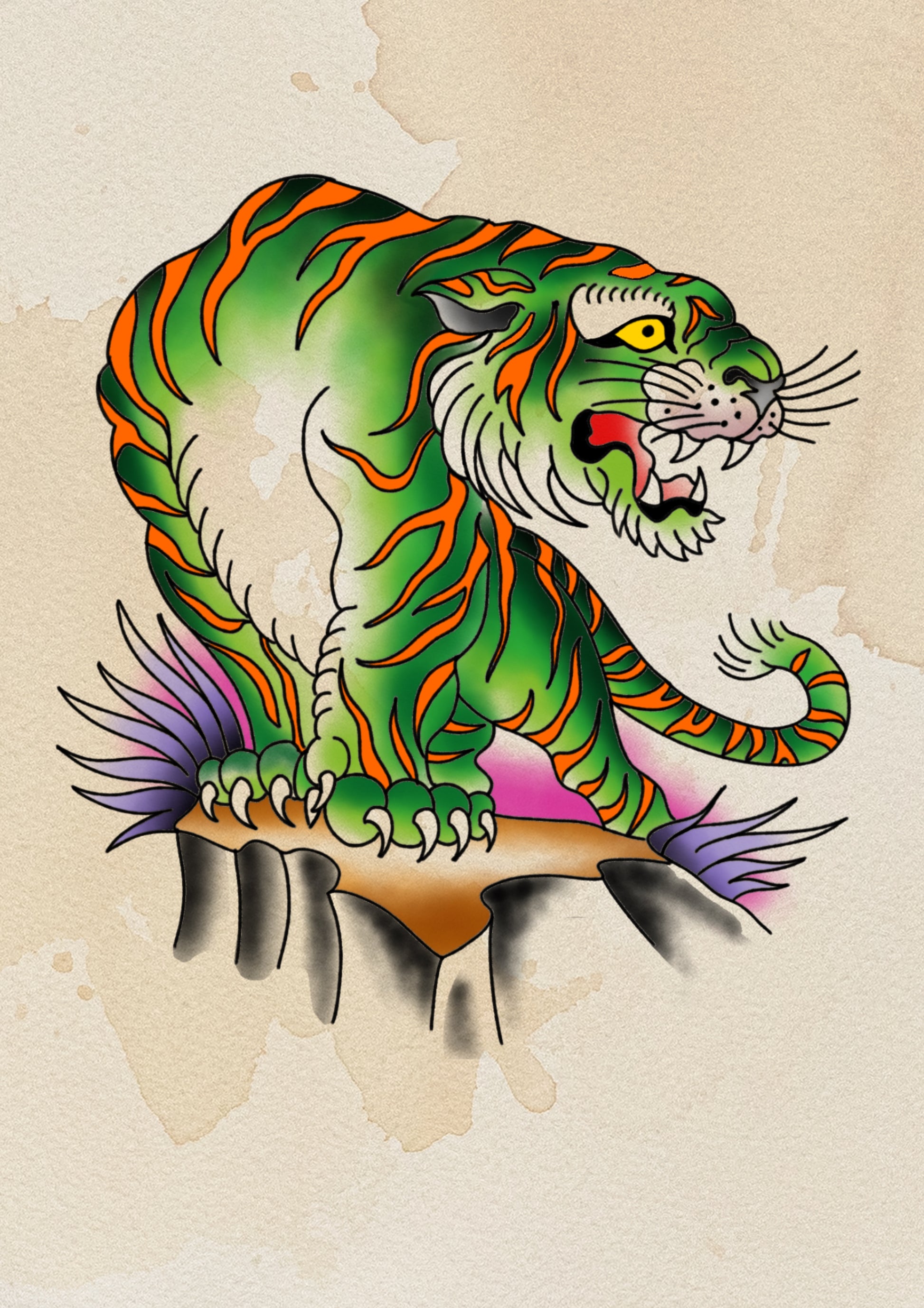 Green Perching Tiger flash tattoo by Sham B